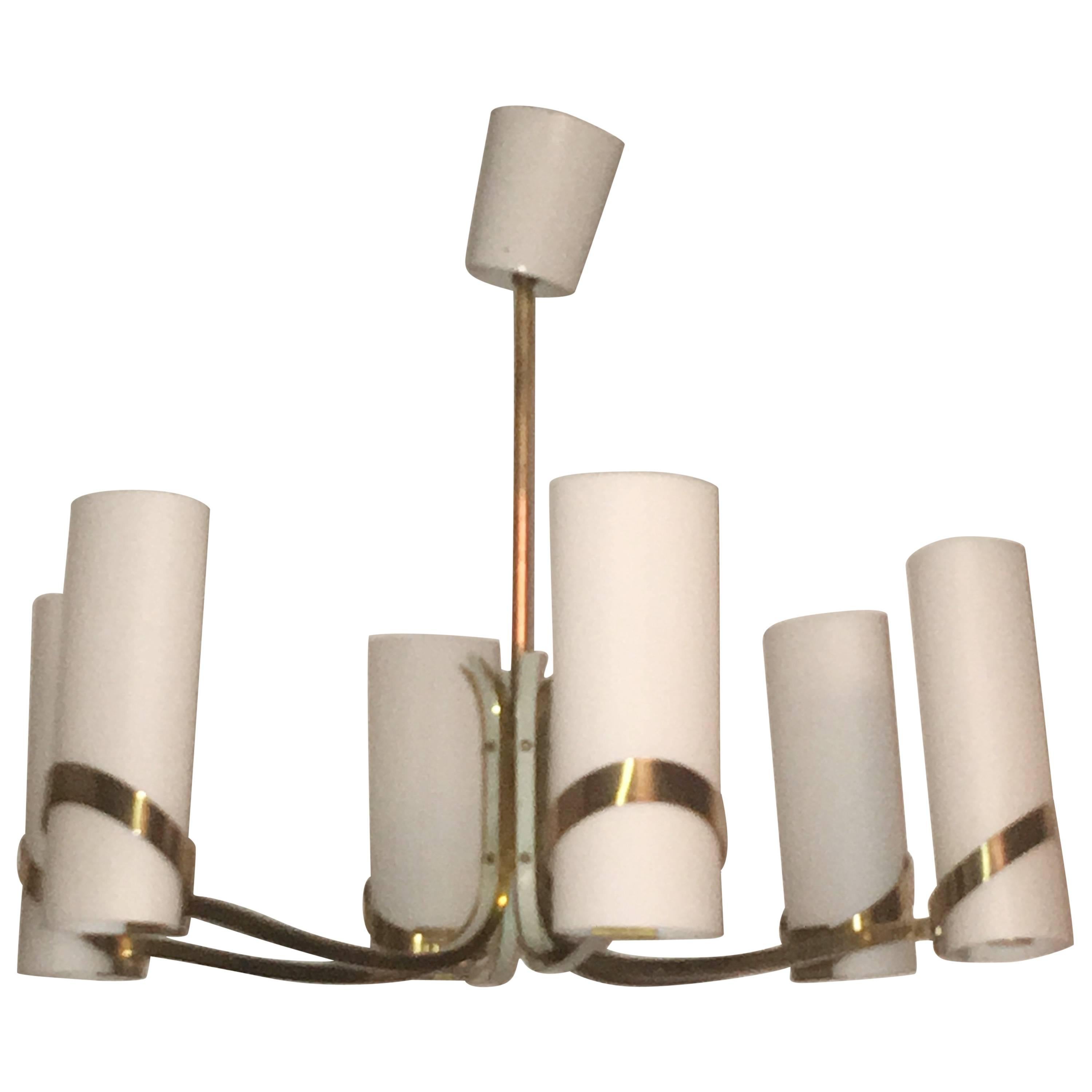 60s Max Ingrand style Milk Glass and Brass Chandelier Attributed to Stilnovo  For Sale
