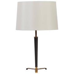 1950s Brass and Stitched Black Leather Lamp in the Manner of Jacques Adnet