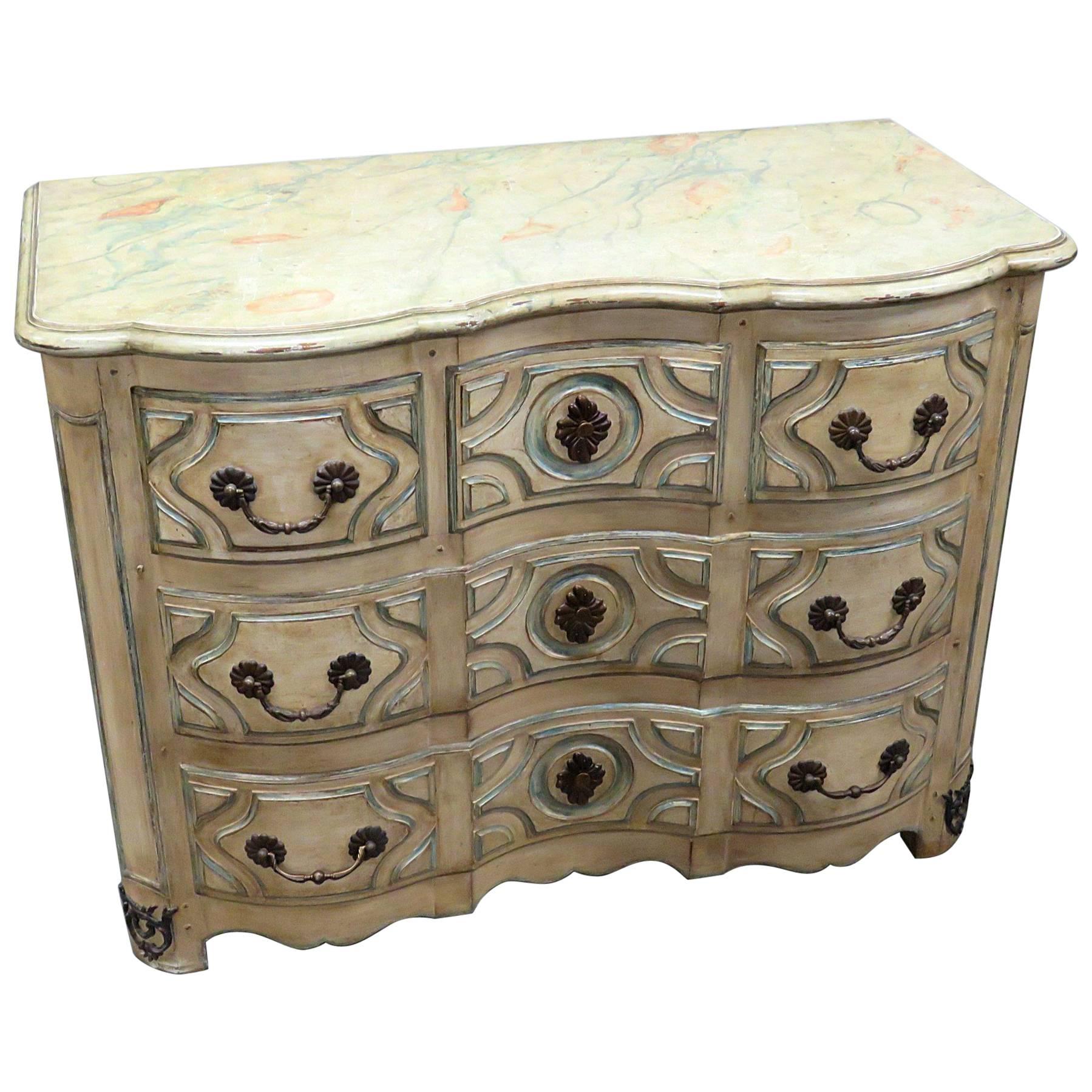 Maison Jansen Style Distressed Faux Marble Paint Decorated Foyer Chest Commode