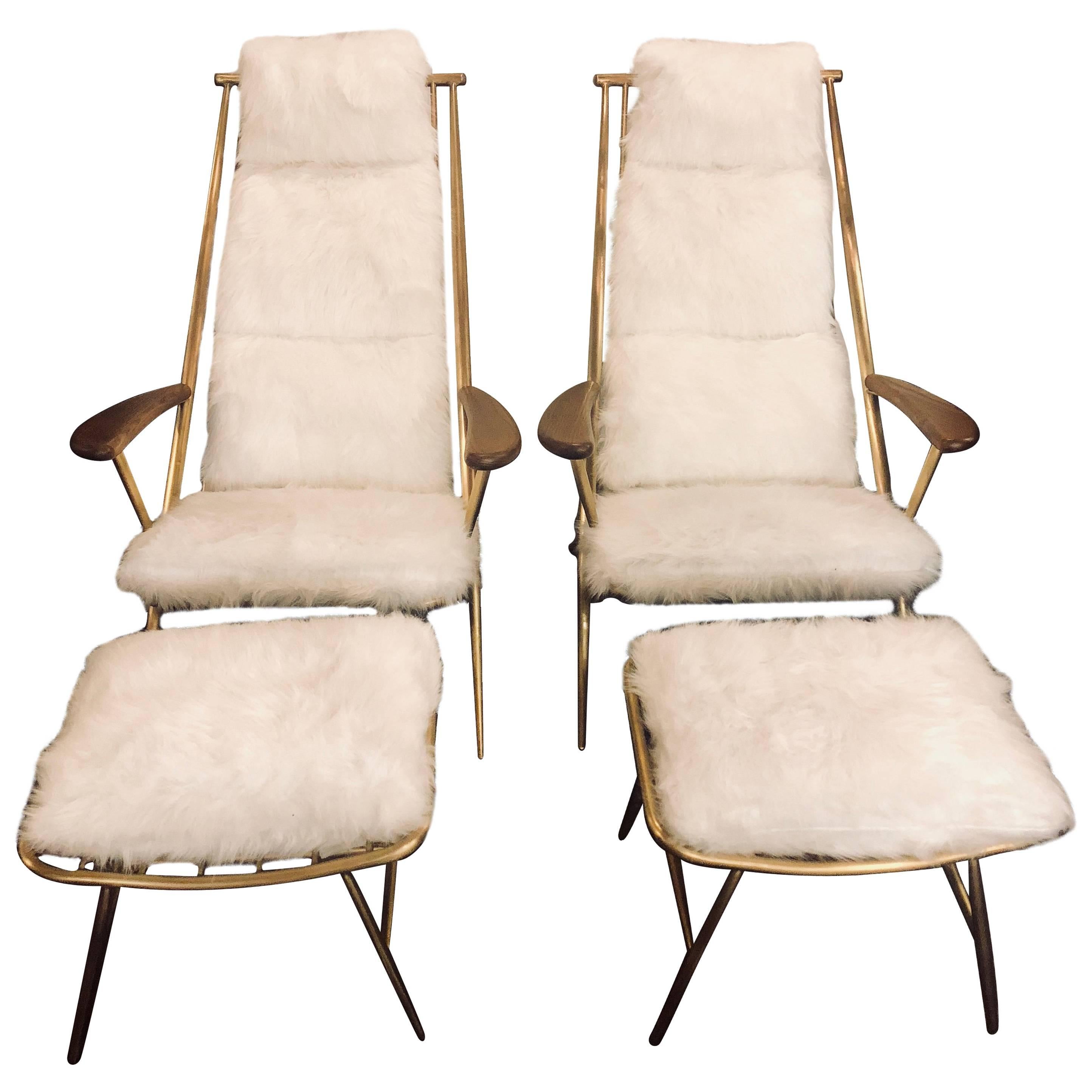 Hollywood Regency Style, Lounge Chairs, Ottomans, White, Shearling, Metal, 1990s For Sale