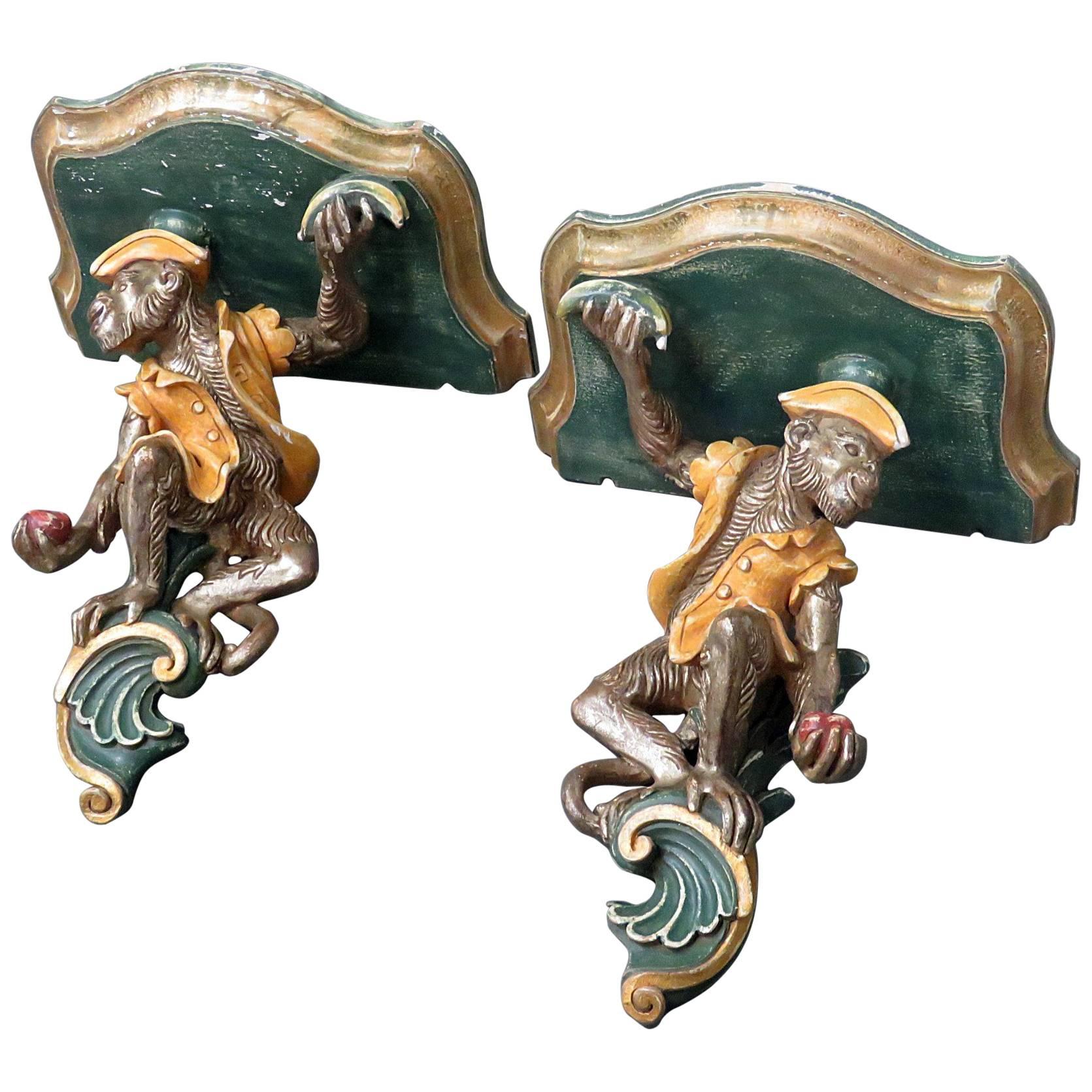 Pair of Carved Italian Chimpanzee Wall Sculptures