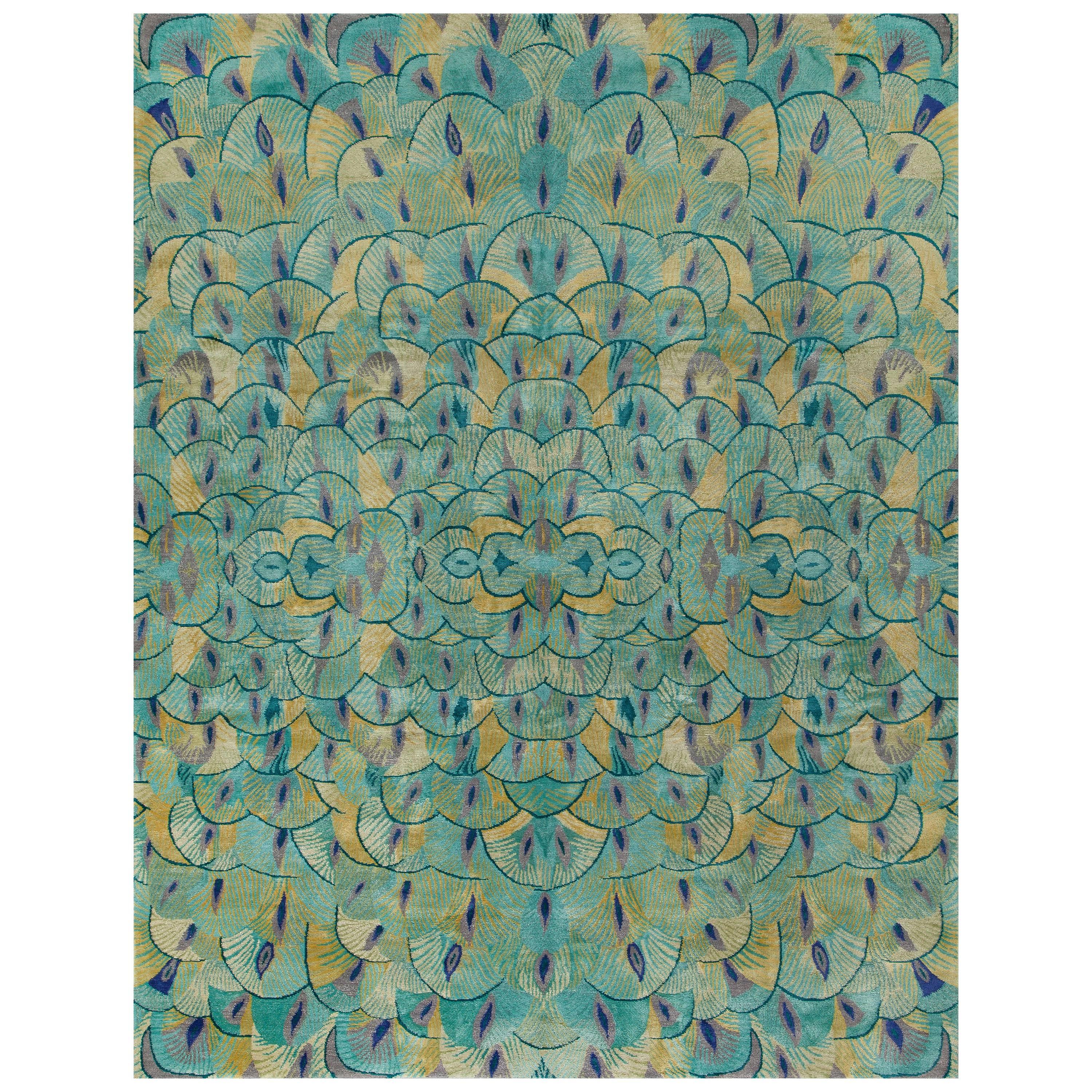 'Pavoral, Teal' Hand-Knotted Tibetan Rug Made in Nepal by New Moon Rugs For Sale