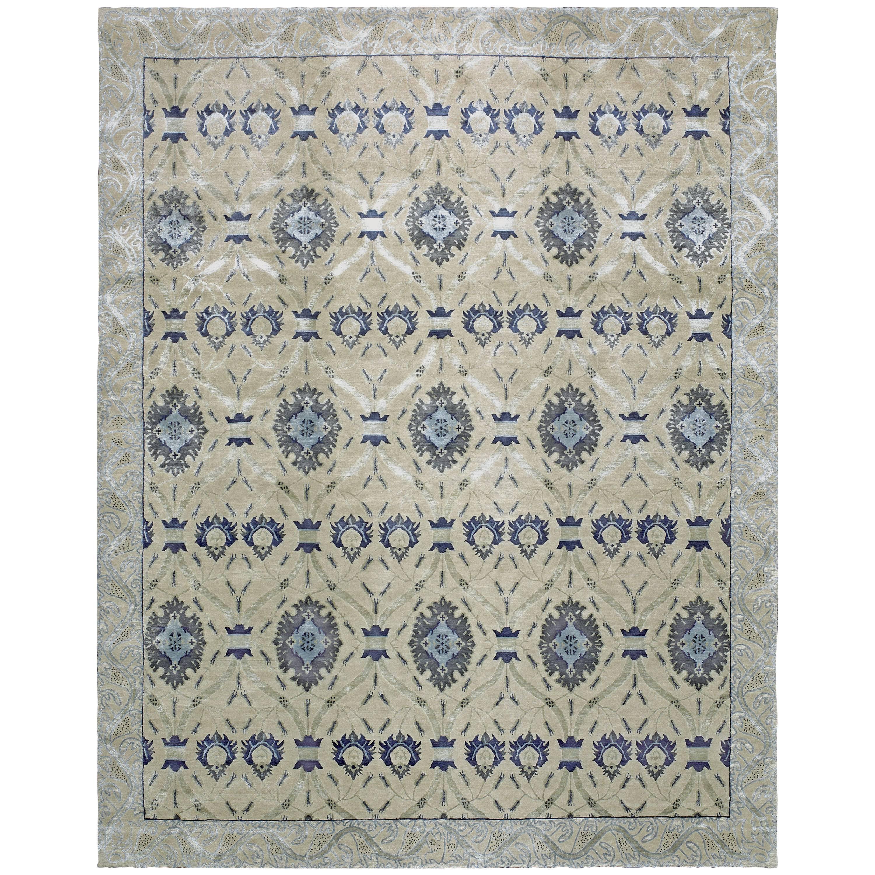 'Savannah, Steel' Hand-Knotted Tibetan Rug Made in Nepal by New Moon Rugs For Sale