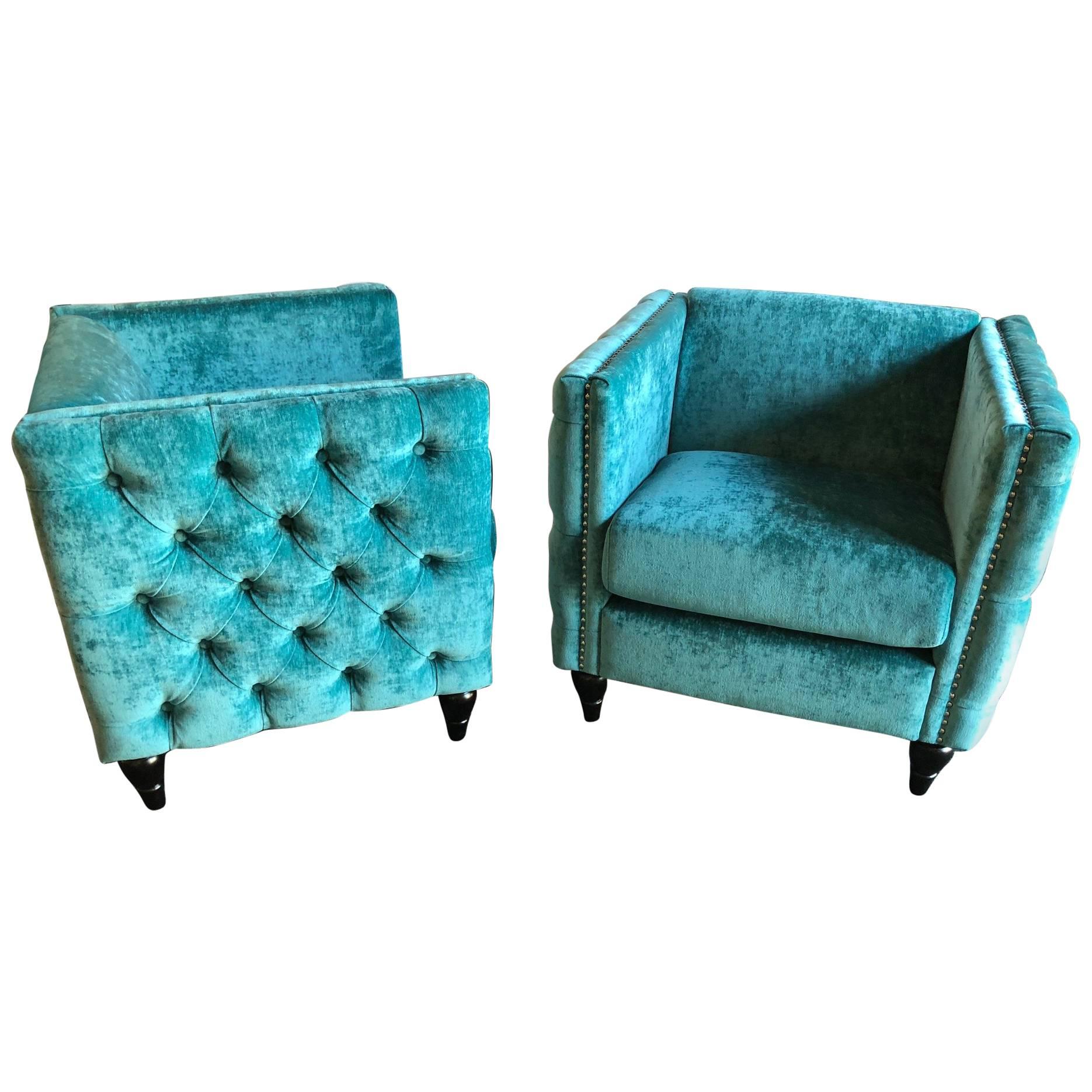 Pair of Mid-Century Modern Style Teal Tufted Oversized Box Form Armchairs