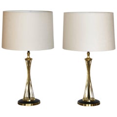 Pair of Vintage Twisted Brass and Black Lacquer Lamps