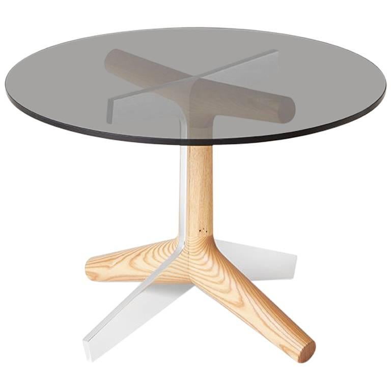 R4 Side Table, Modern Hardwood, Smoke Glass, and Polished Aluminium End Table For Sale