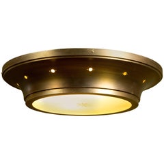Large Midcentury Flush Mount Light with Gold Band and Frosted Glass Base