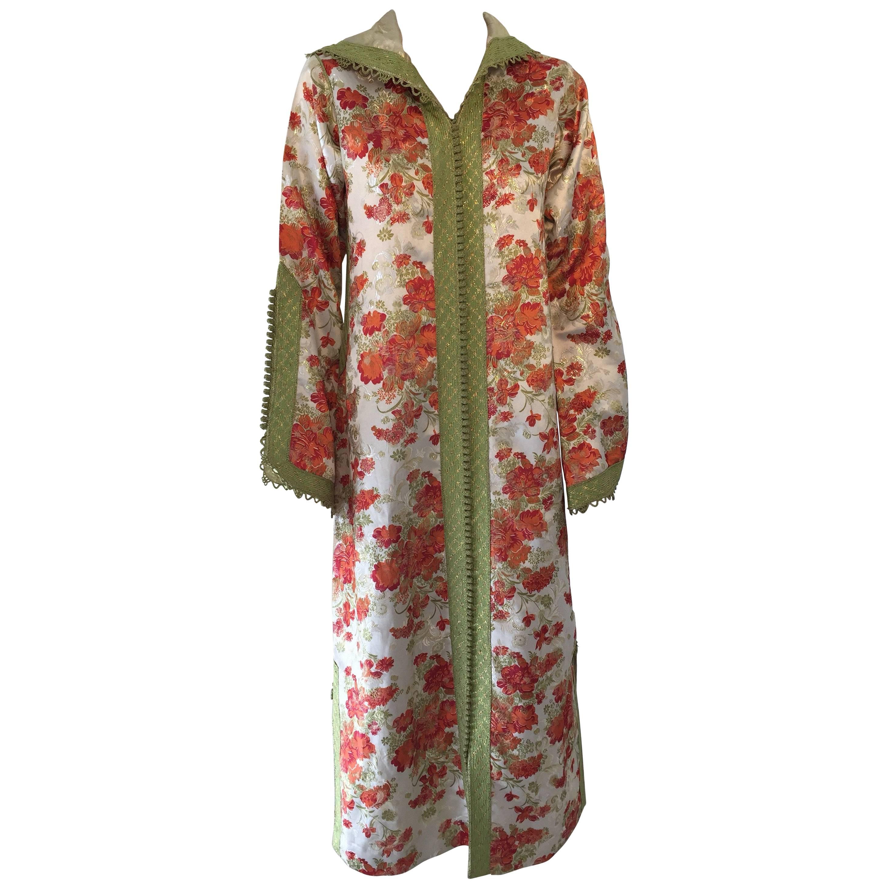 Moroccan Caftan, Hooded Kaftan Embroidered with Green and Gold