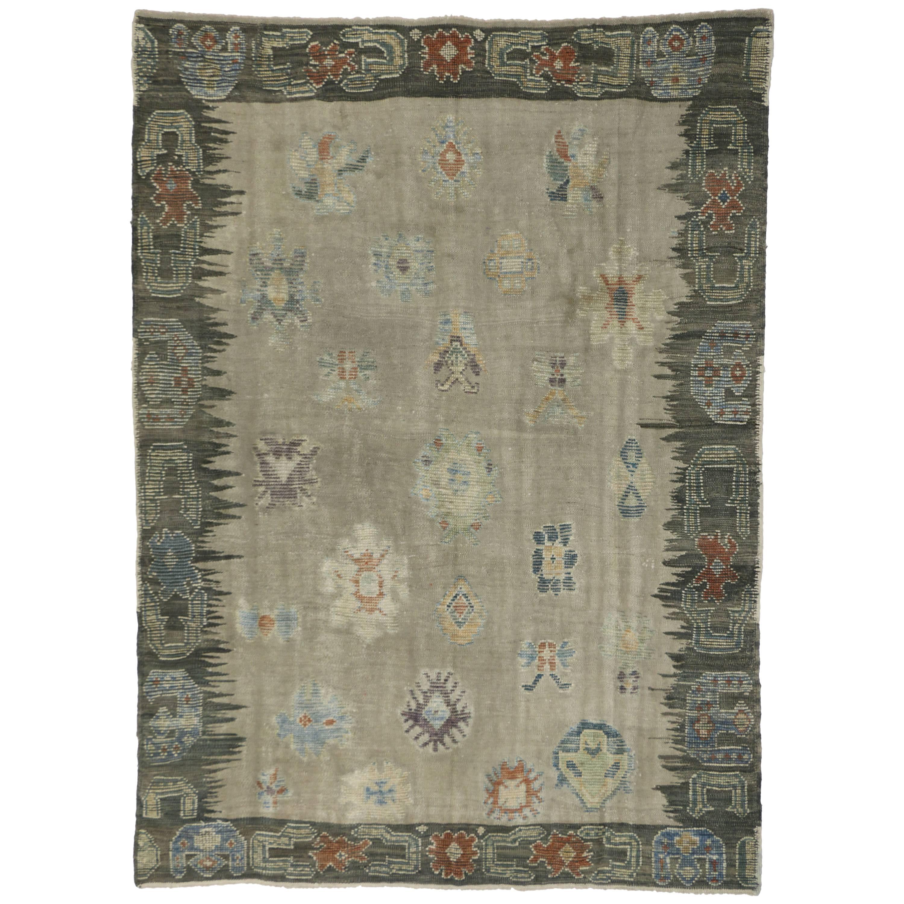 New Turkish Kilim Souf Rug with Tribal Style, Flat-weave Gray Souf Rug 