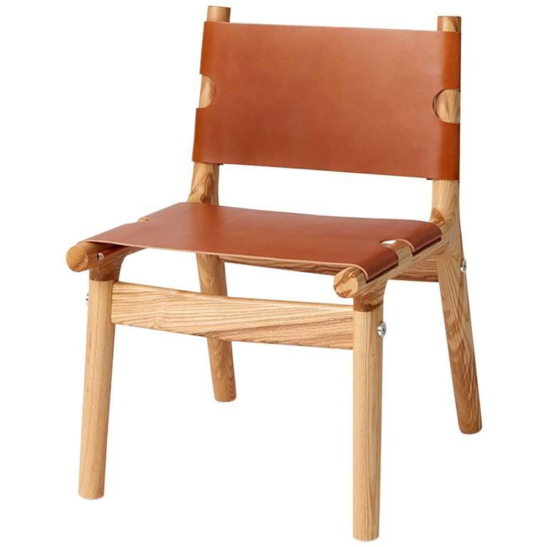 204 Side Chair, Modern Ash Hardwood, Tan Harness Leather, and Polished Aluminium For Sale