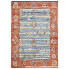 Blue and Orange Turkish Kilim Rug with Tribal Style