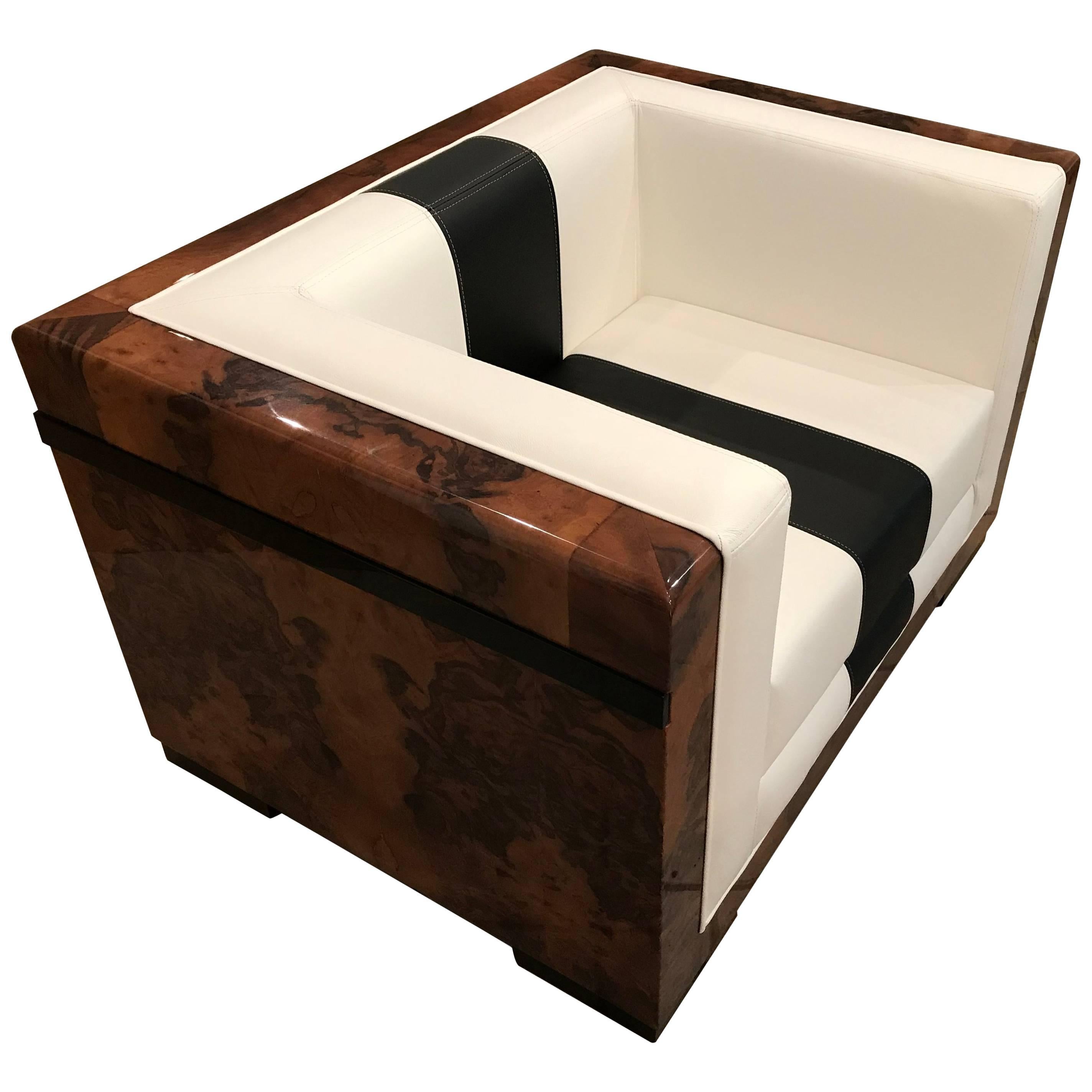 Armchair "Jetto" Walnut with Black and White Matte Leather For Sale