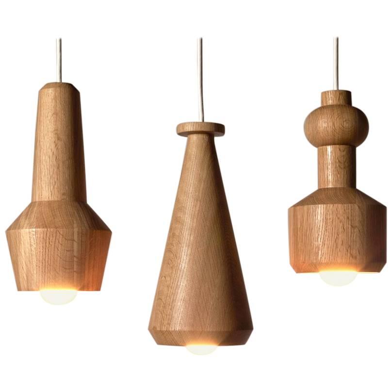100xbtr Contemporary Solid Oak Bottle Pendant Hanging Lights, Set of Three For Sale