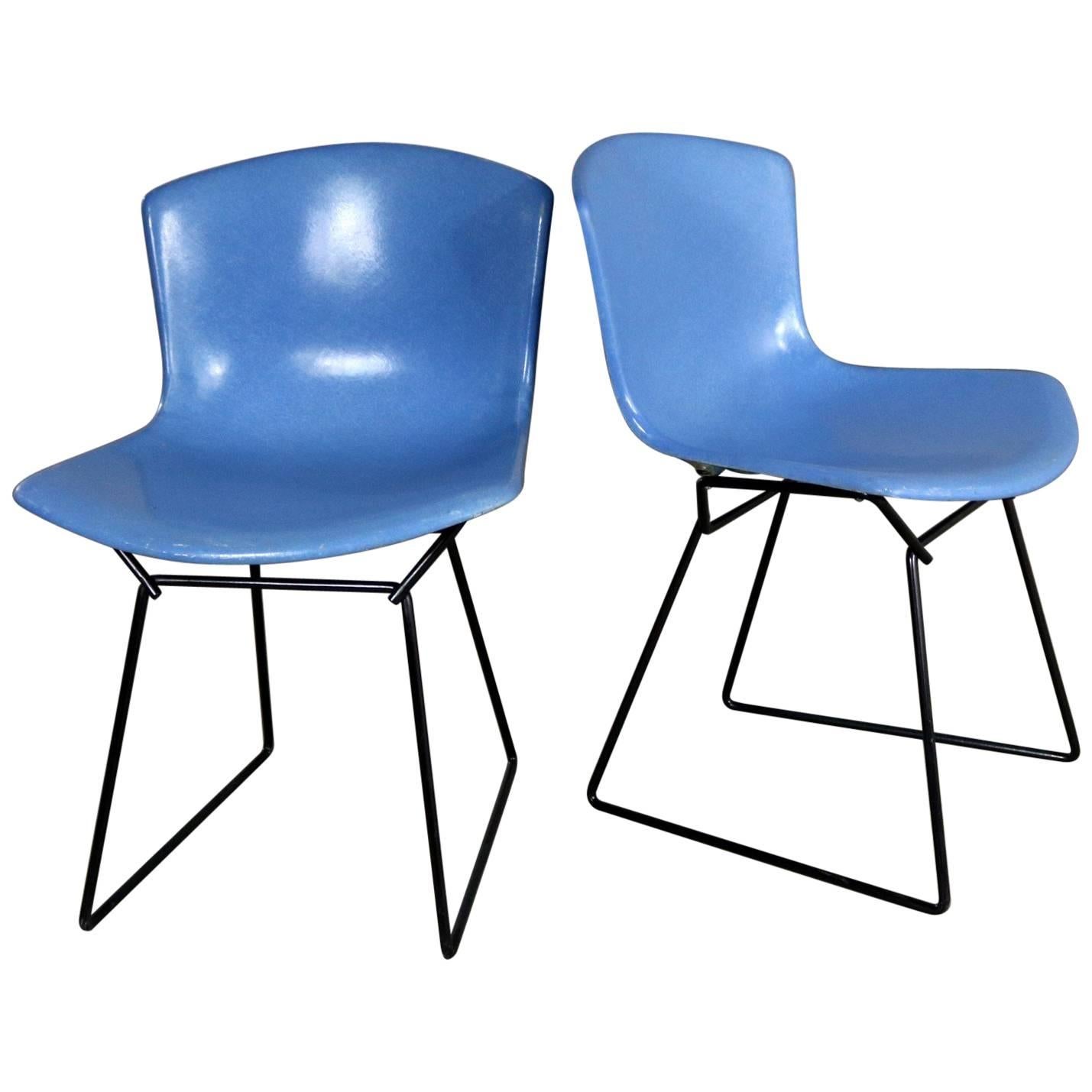 Pair of Harry Bertoia for Knoll Blue Fiberglass Side Chairs Black Wire Base