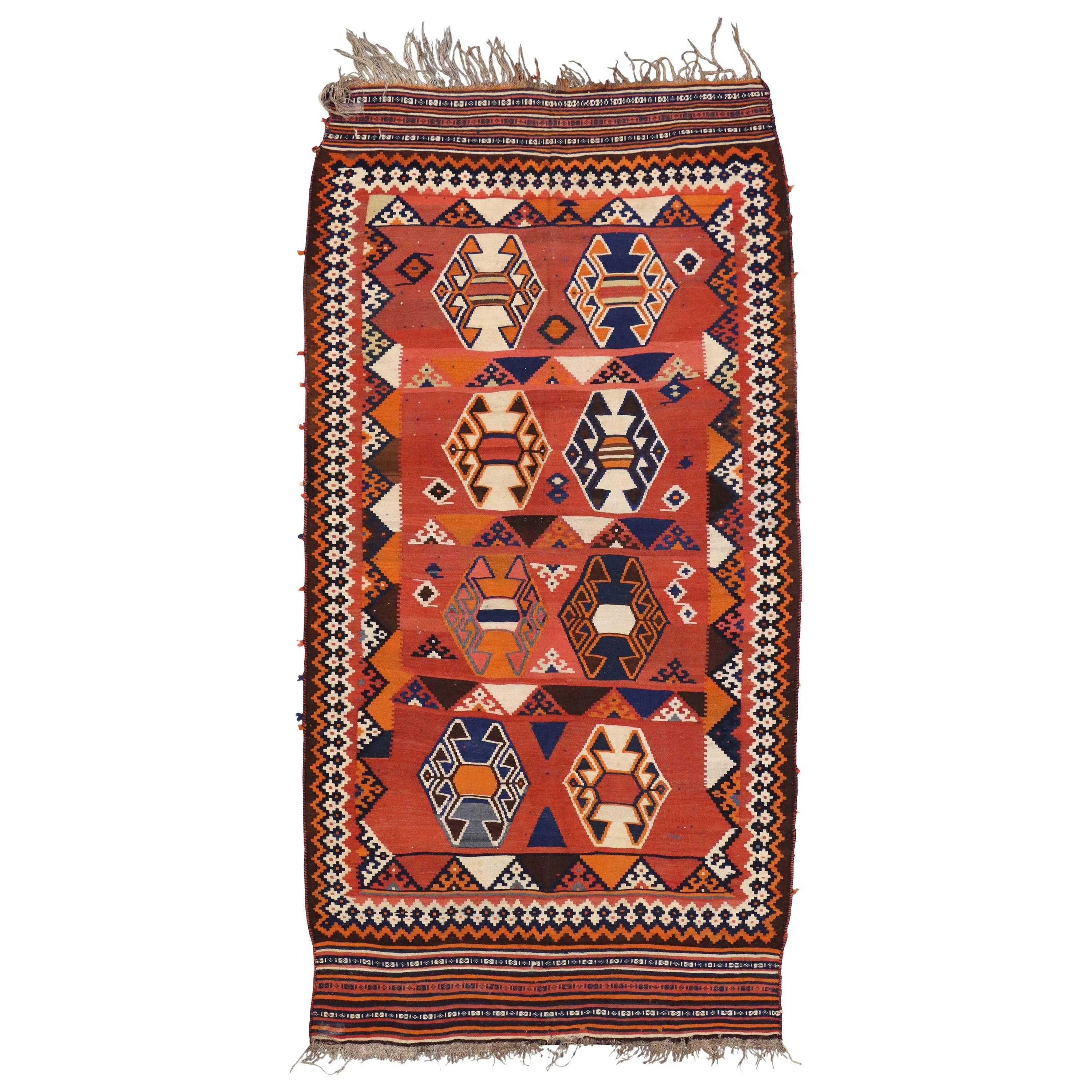 Vintage Persian Shiraz Kilim Rug with Tribal Style, Flat-Weave Kilim Rug