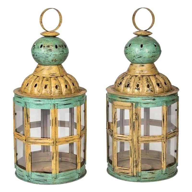 Pair of Old Style Polychrome Metal Lanterns with Crystals For Sale