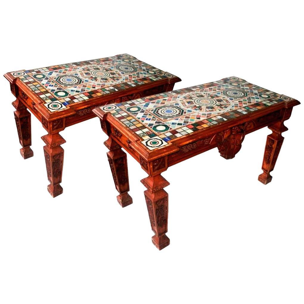 Marble Mosaic and Hand-Carved Wood Italian Pair of Tables