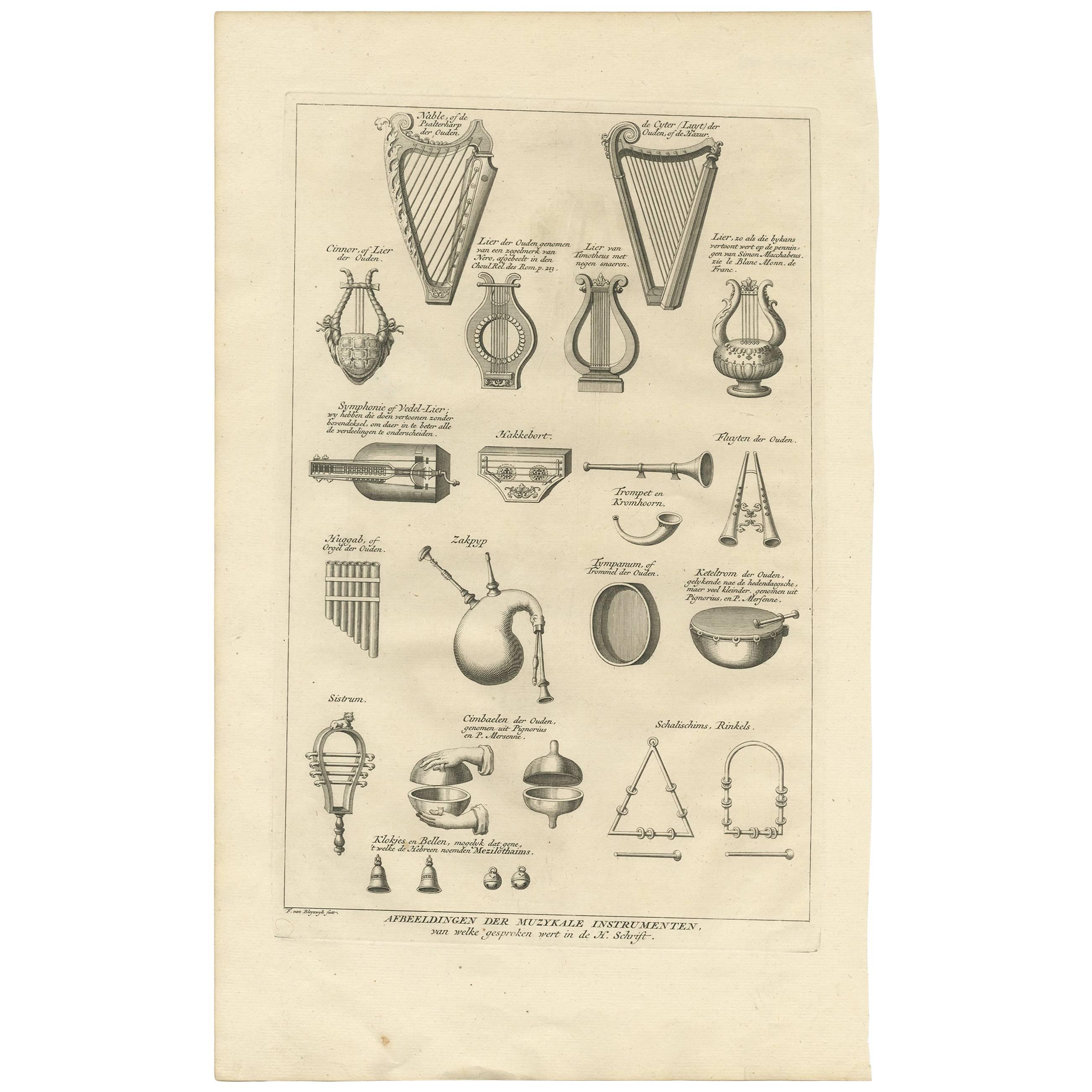 Antique Print of Various Music Instruments F. Van Bleyswyk, 1728