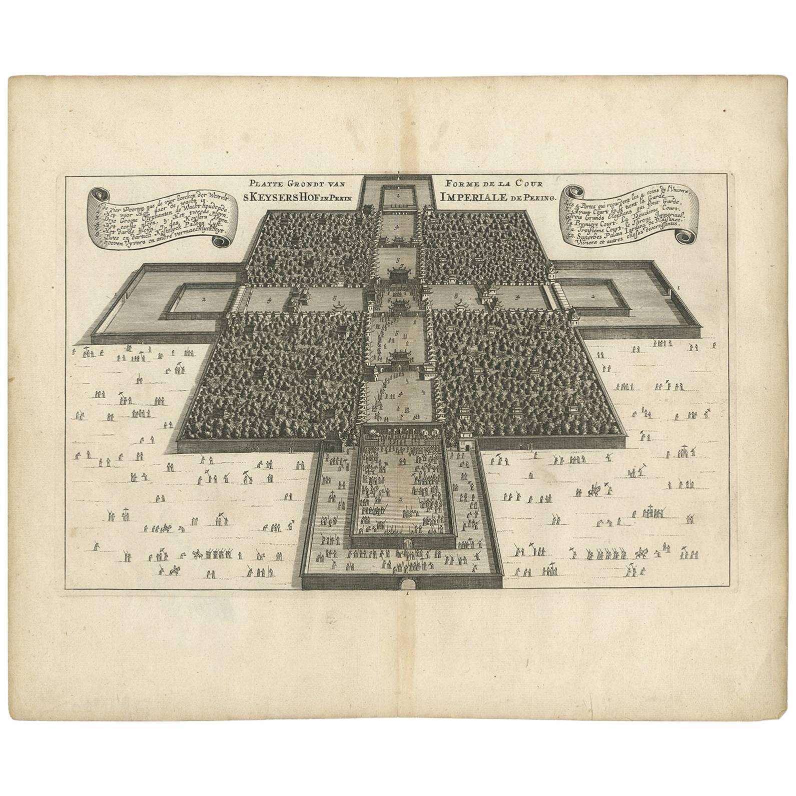 Rare carte ancienne de la cour impériale de Pékin en Chine, 1665