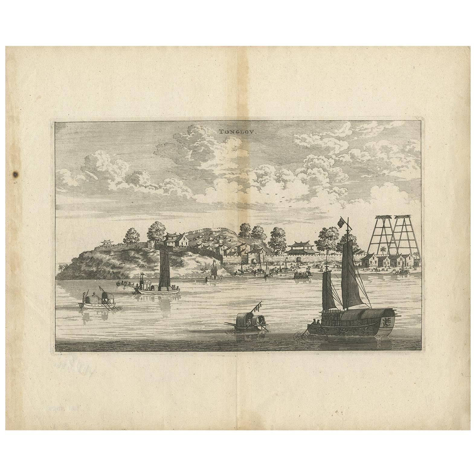 Impression ancienne de la ville de Tonglou "Chine" par J. Nieuhof, 1666