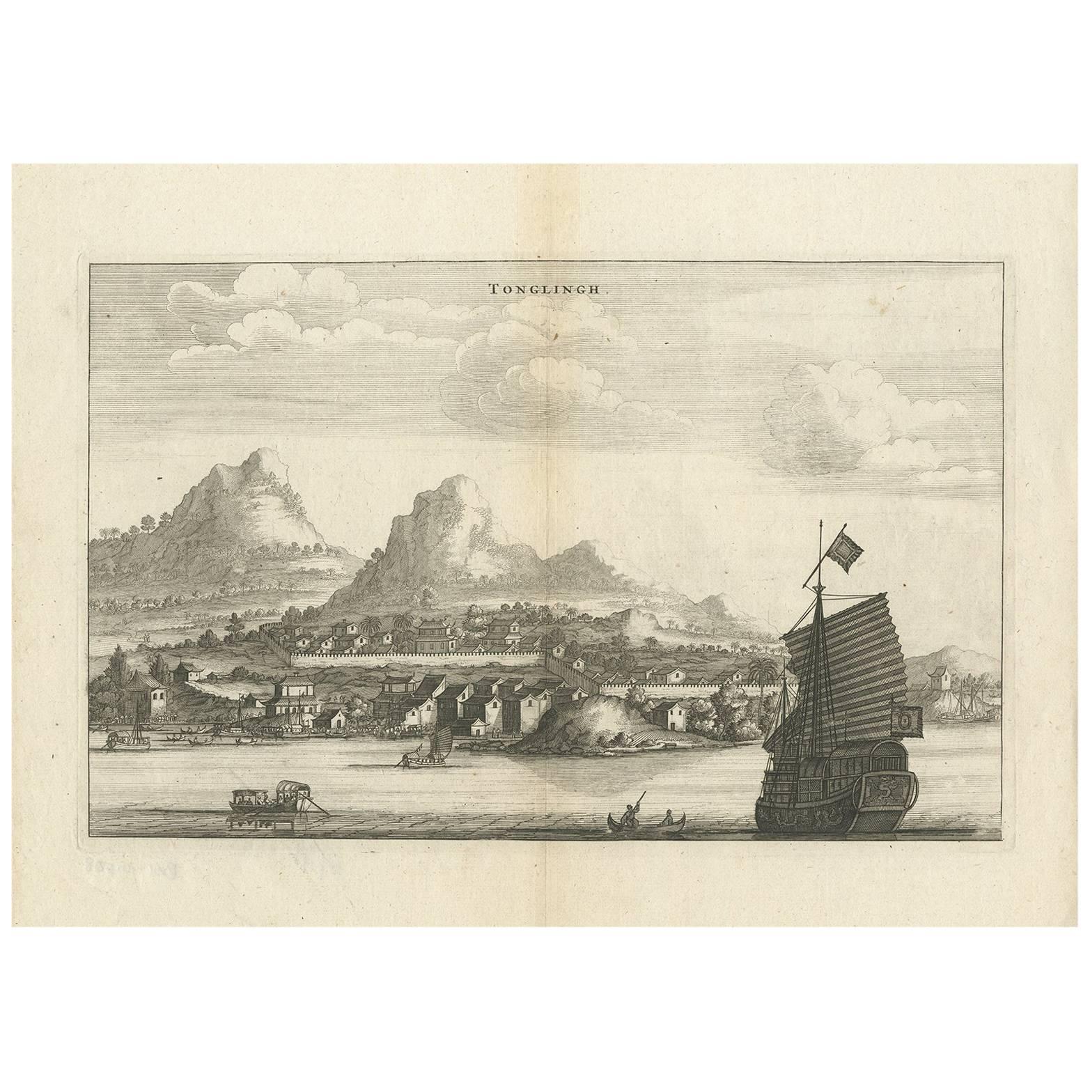 Antique Print of the City of Tonglingh ‘China’ by J. Nieuhof, 1666 For Sale