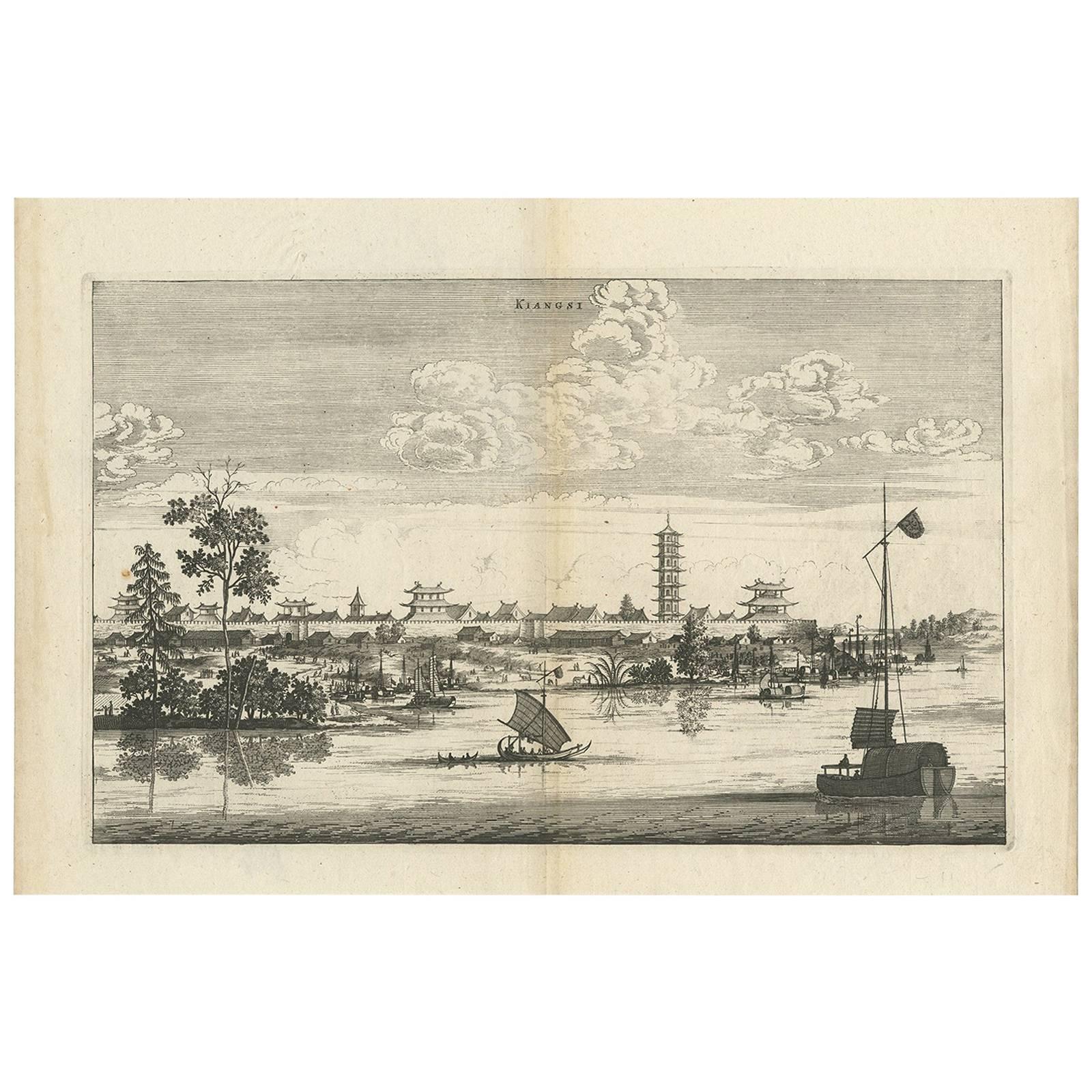 Impression ancienne de la ville de Kiangsi en Chine par J. Nieuhof, 1666