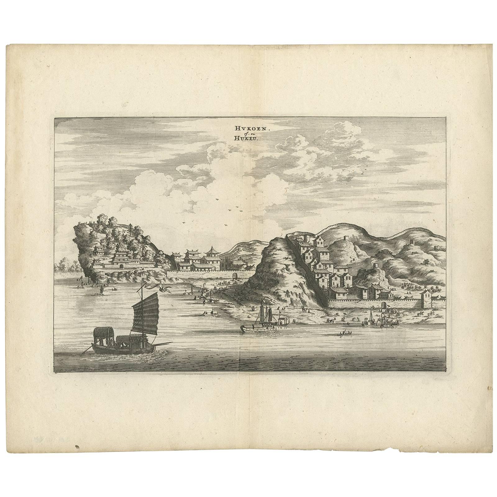 Impression ancienne de la ville de Hukoen "Chine" par J. Nieuhof, 1666