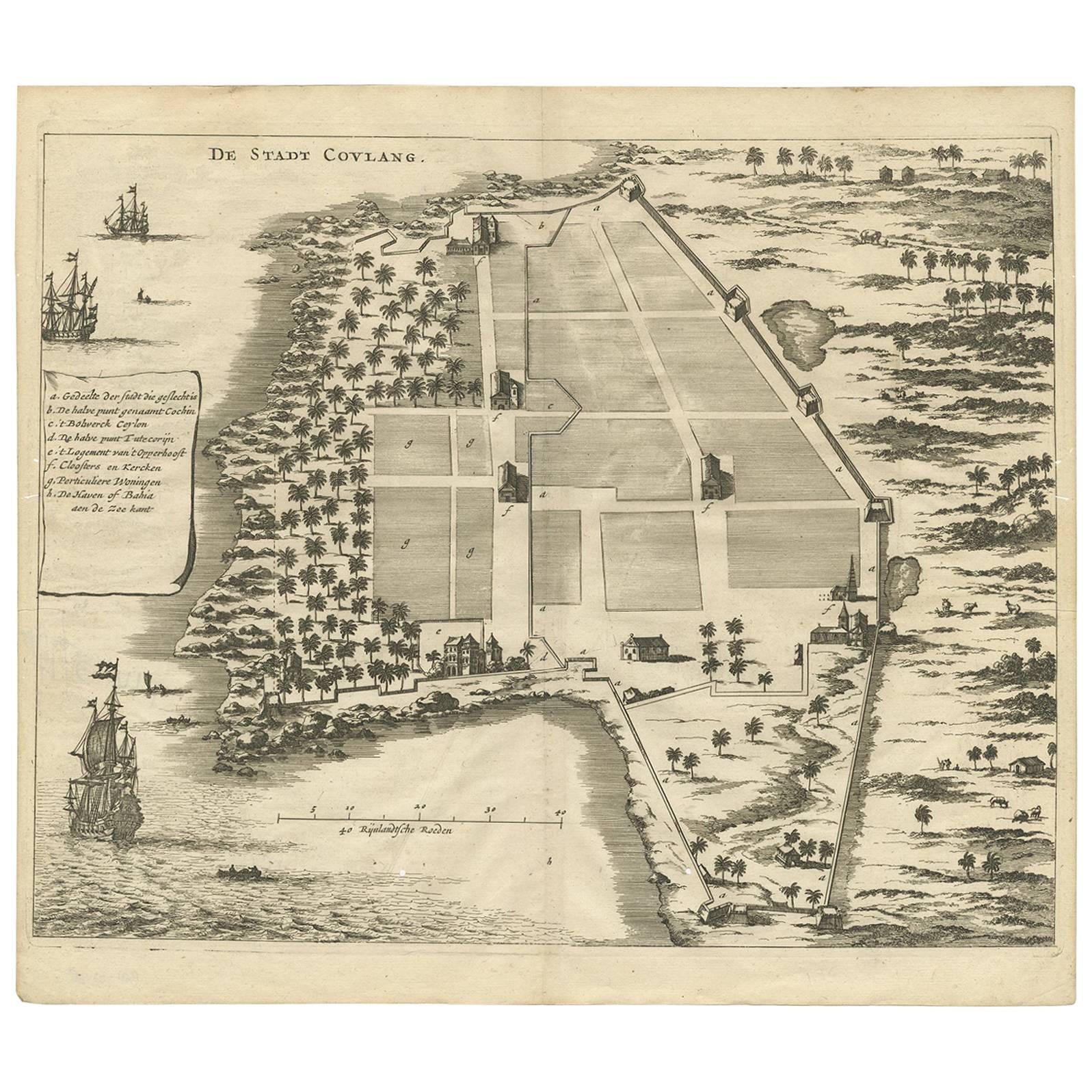 Antique Print of the City of Coulang ‘Kollam, India’ by P. Baldaeus, 1672