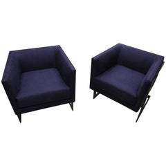 Pair of Petite Modern Bronze and Navy Cubed Armchairs by Milo Baughman