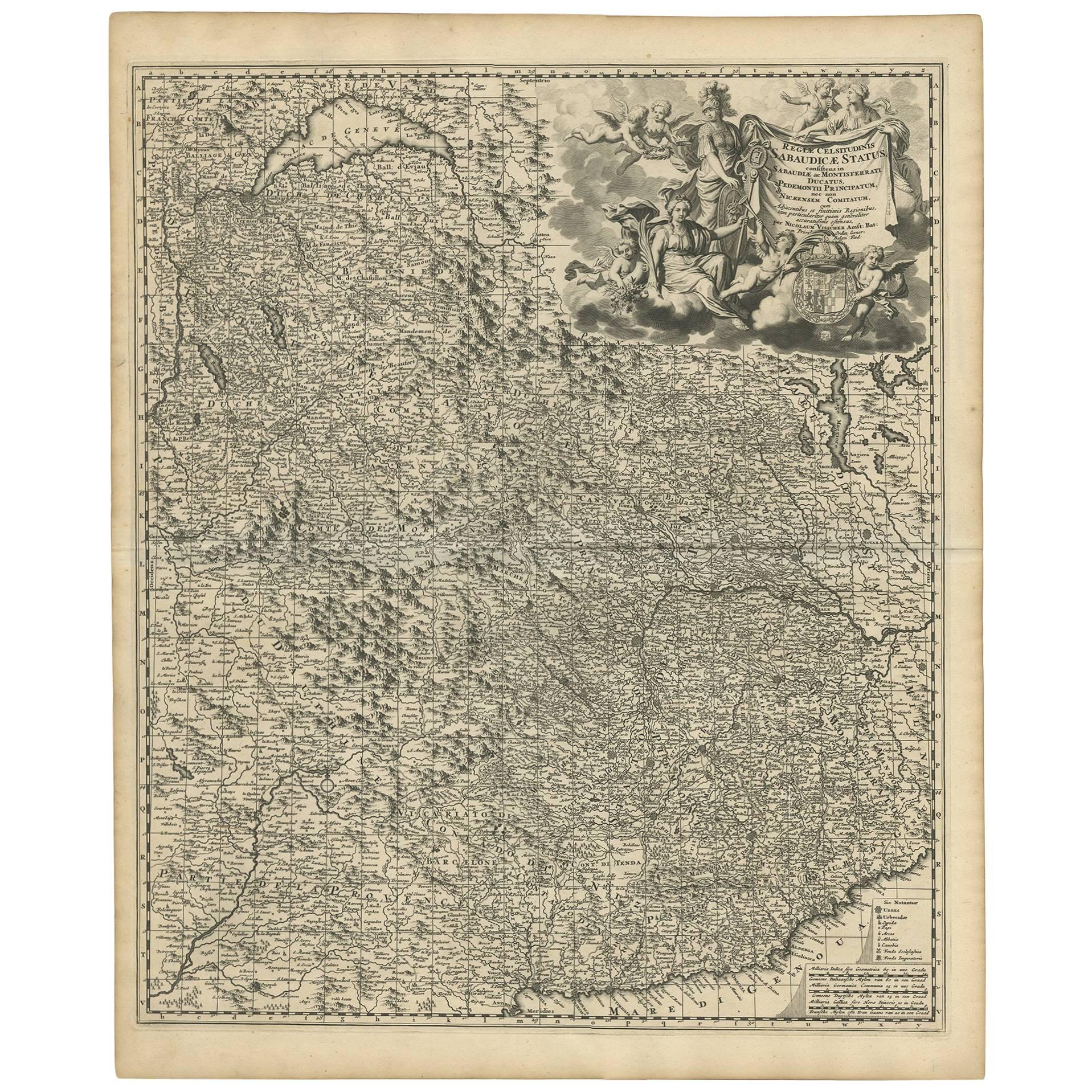 Carte ancienne de Piedmonte et de la Savoie « Italie » par N. Visscher, vers 1683 en vente