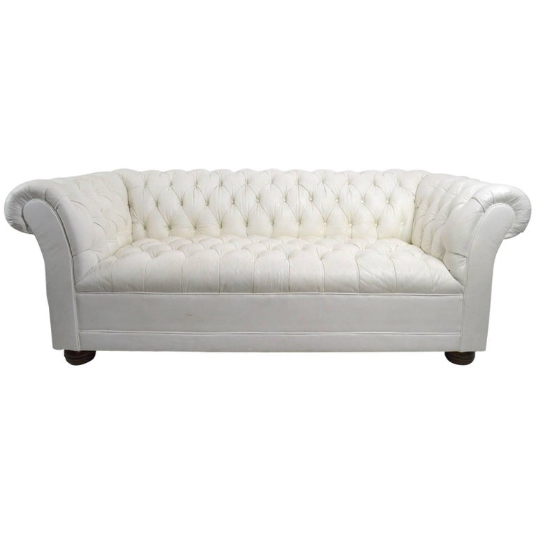 Chesterfield Sofa in White Vinyl Upholstery For Sale