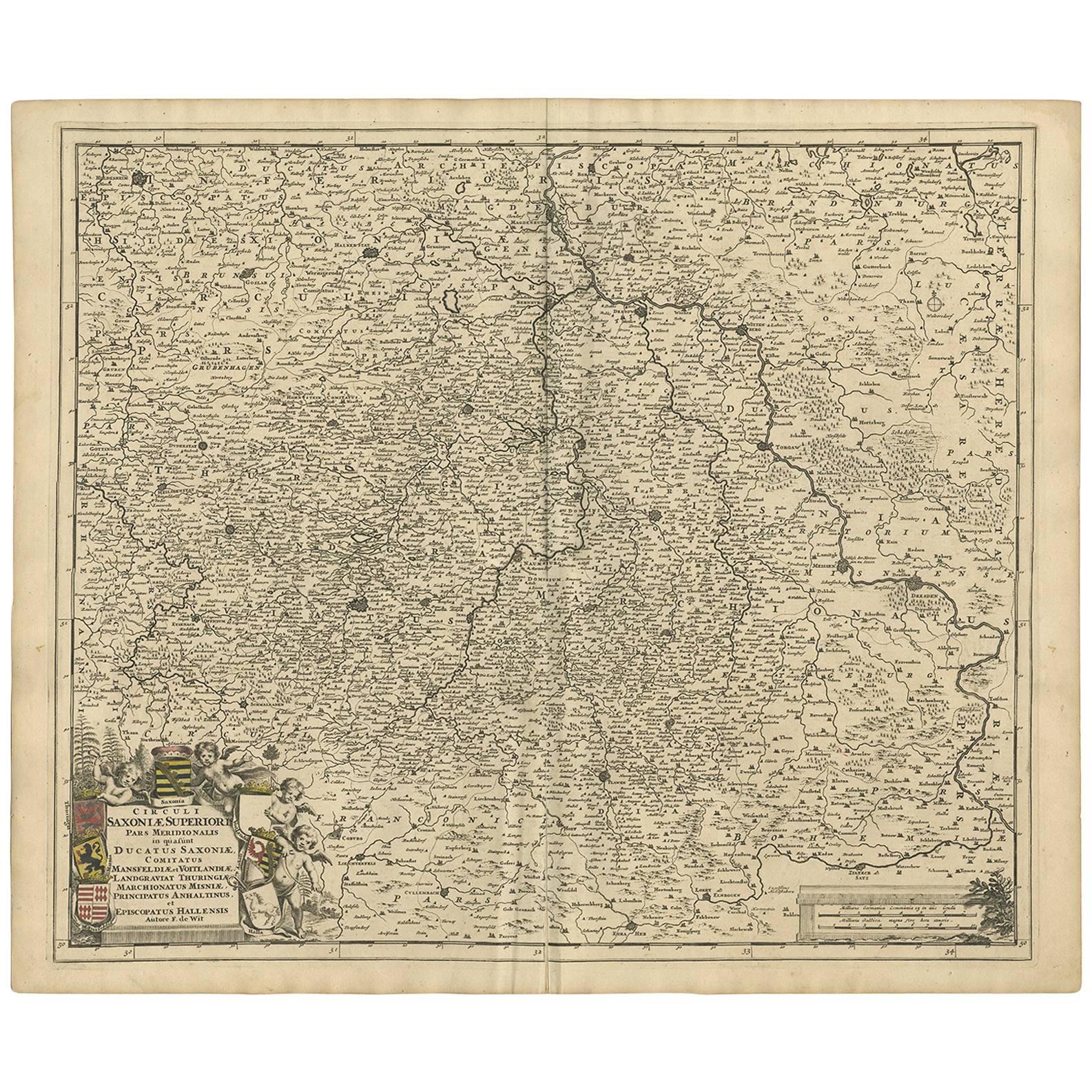Antike Karte der Sachsenregion „Deutschland“ von F. de Wit, um 1680