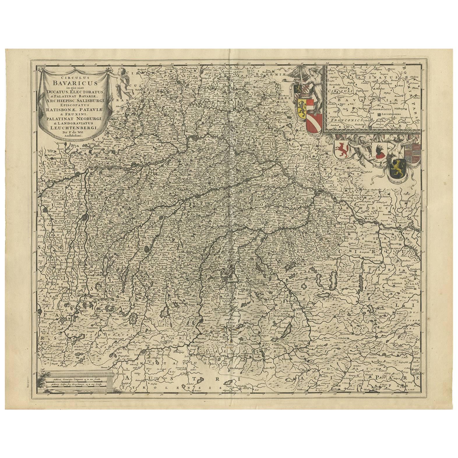 Antique Map of Southern Germany by F. de Wit, circa 1680 For Sale