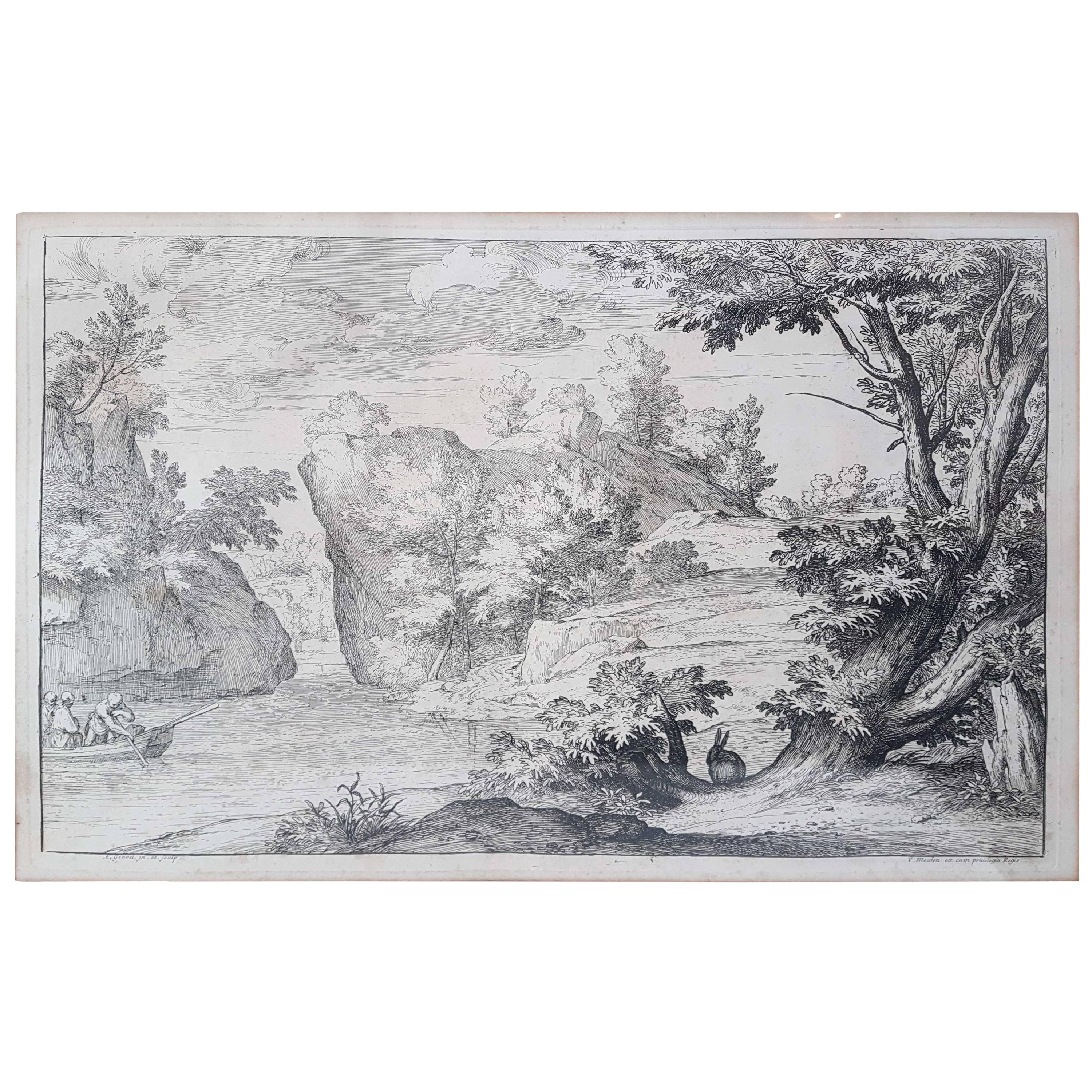 Aguafuerte "Paisaje con conejo" de Abraham Genoels II del siglo XVII