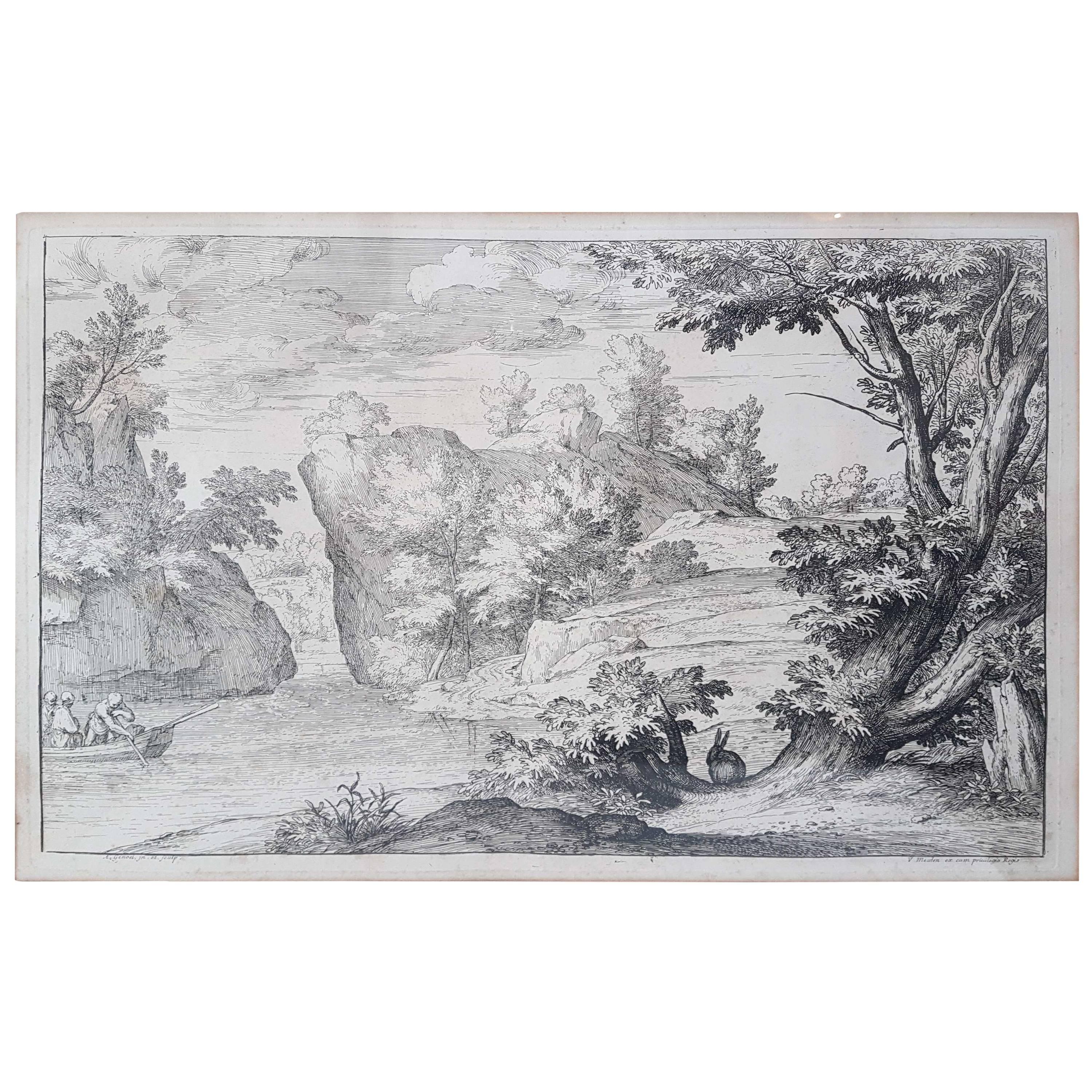 Gravure d'un paysage avec lapin d'Abraham Genoels II du 17ème siècle, Flandre