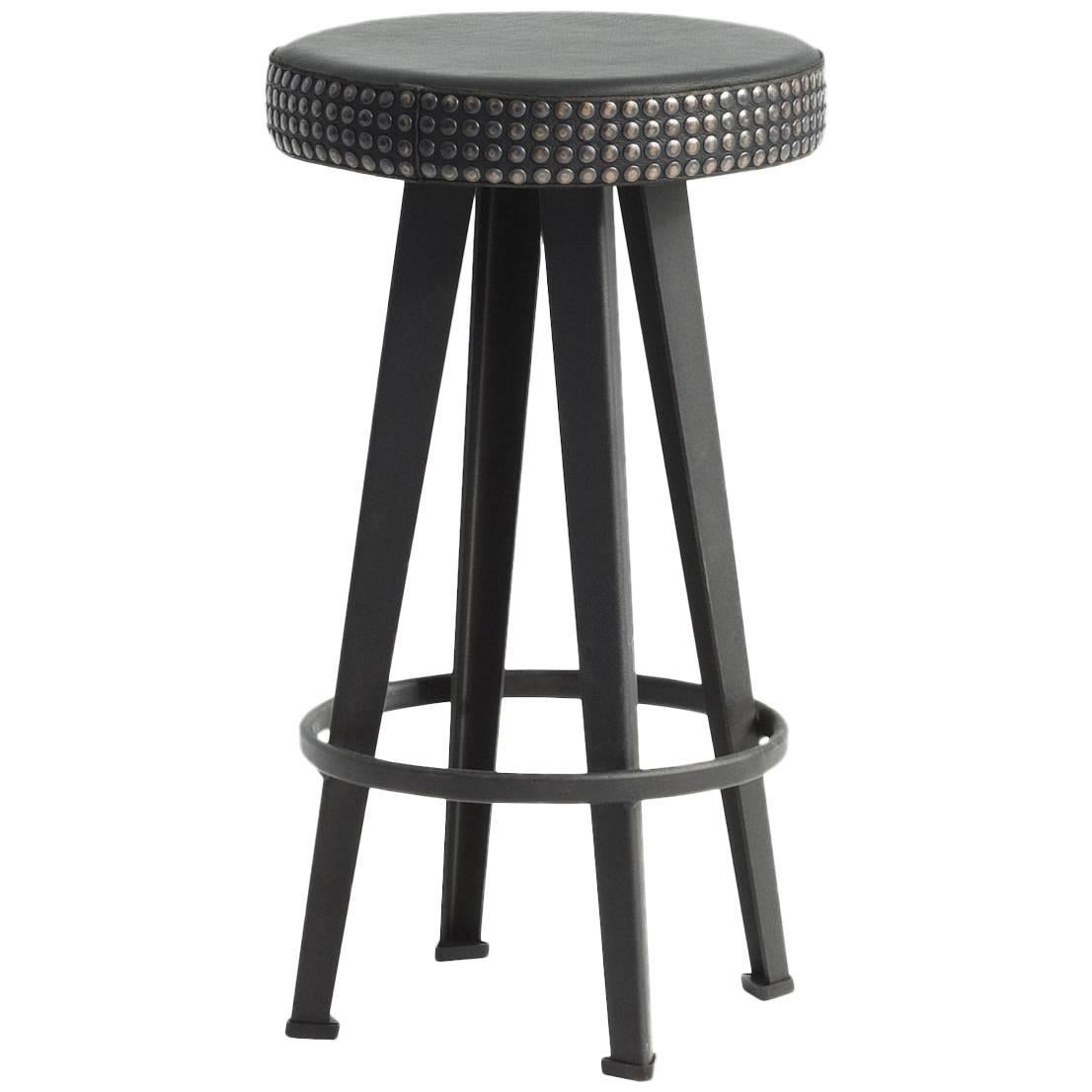 "Bar Stud" Studded Black Leather and Steel Base Low Stool by Moroso for Diesel For Sale