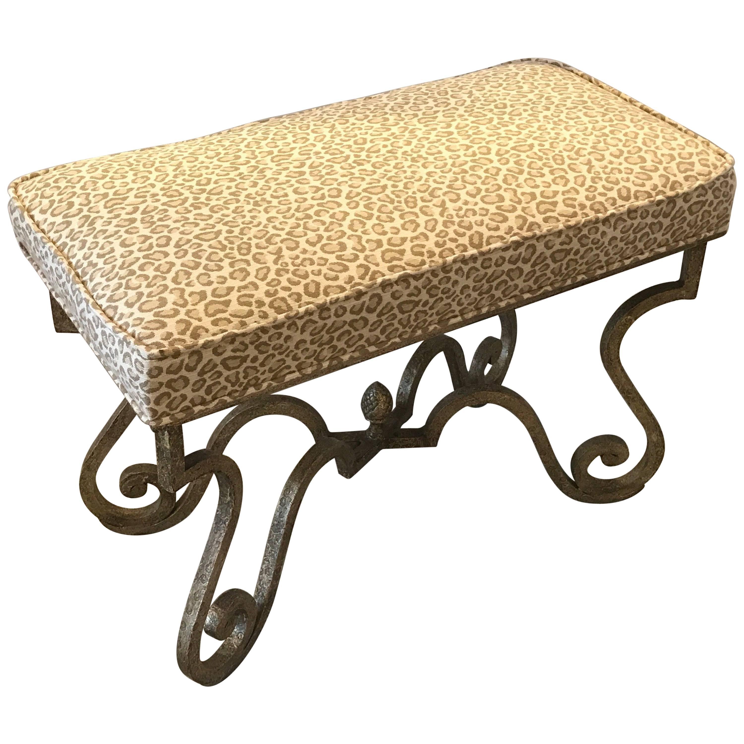 Painted Iron Bench with Faux Cheetah Upholstrey