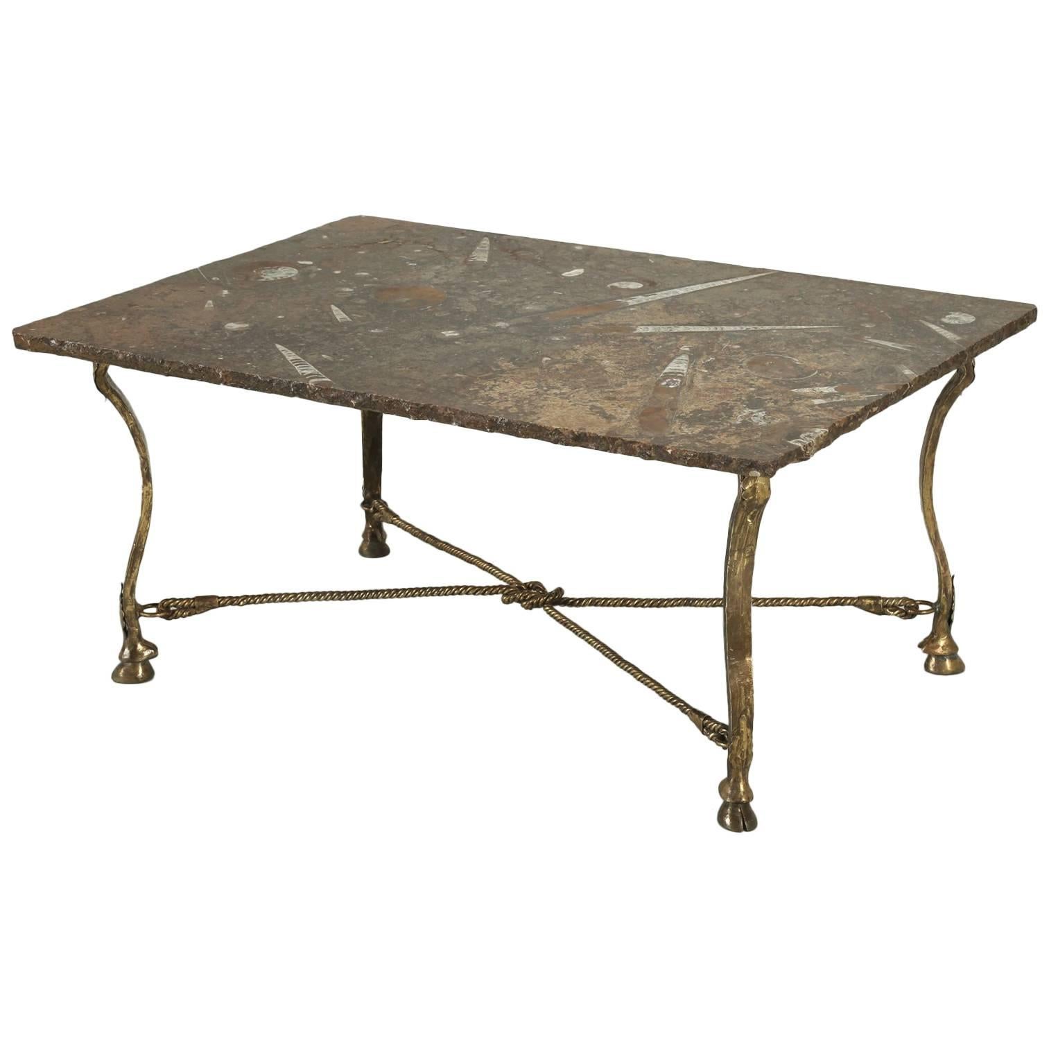 French Coffee Table Fossil Stone with Gilded Hoof Feet  and Twisted Rope Base
