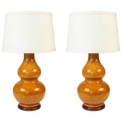 Pair of Vintage Double Gourd Orange Ceramic Vases