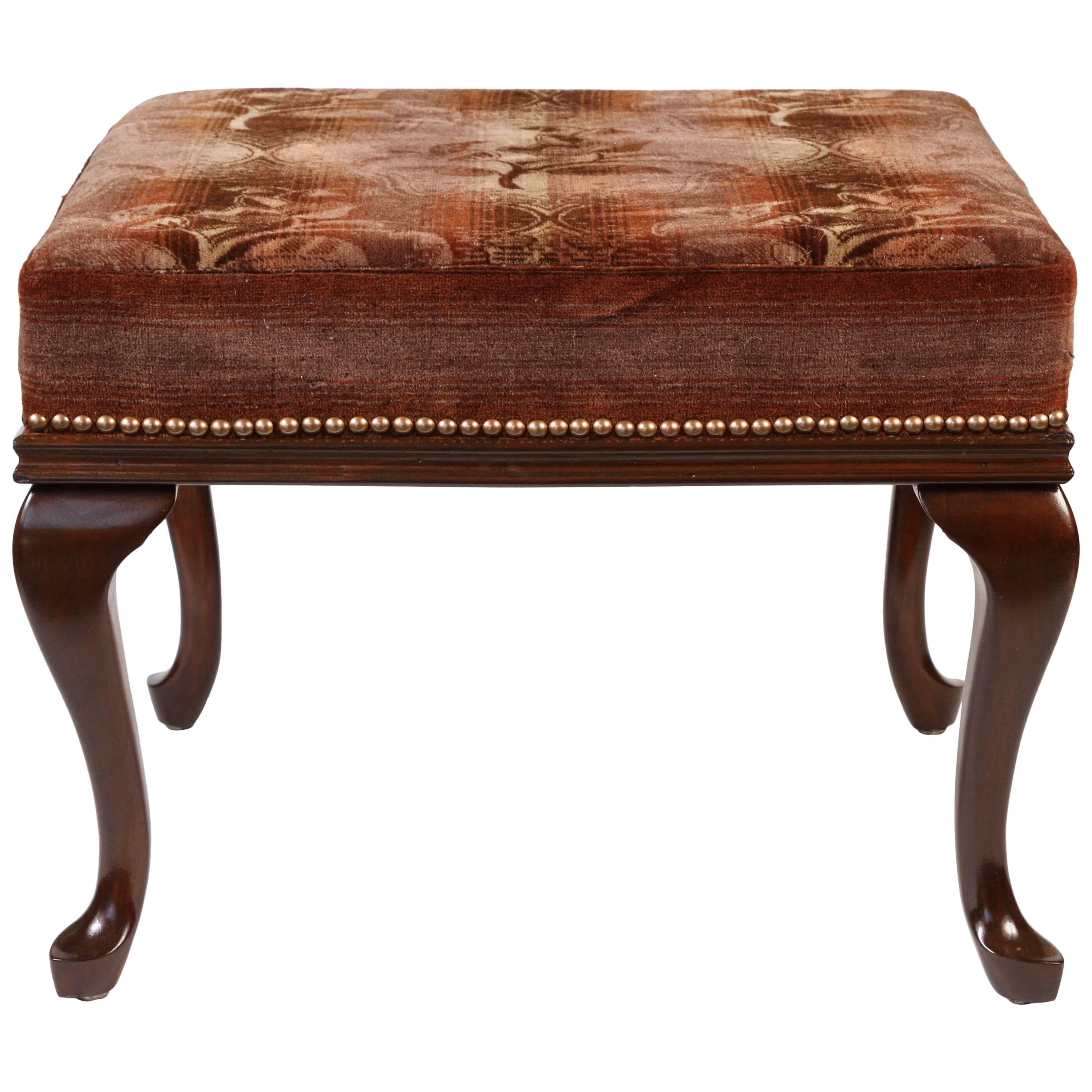 Antique Stool with Walnut Queen Anne Legs Newly Upholstered in Mohair