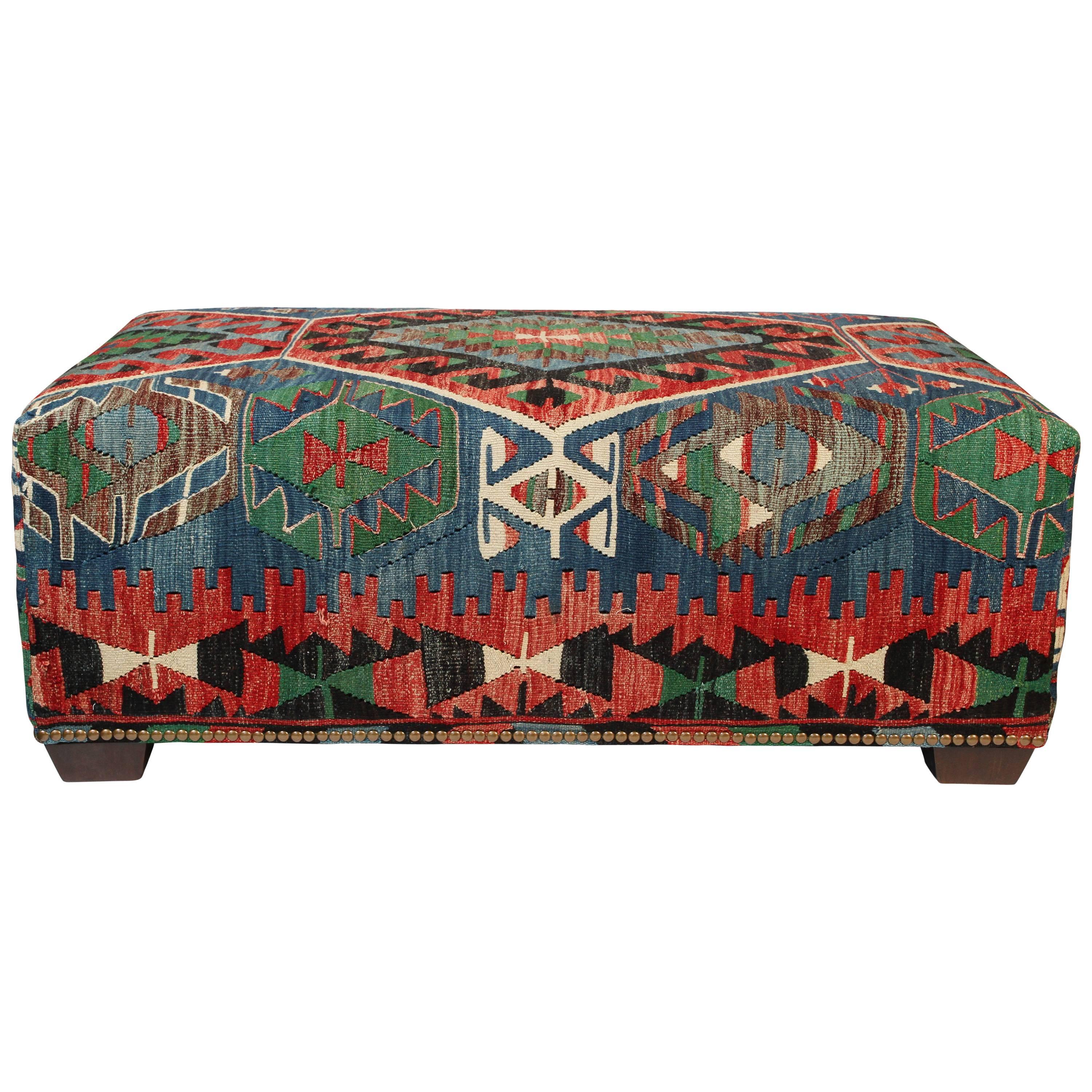 Custom-Made Ottoman Bench Using a Vintage Wool Kilim Rug with Nailhead Trim
