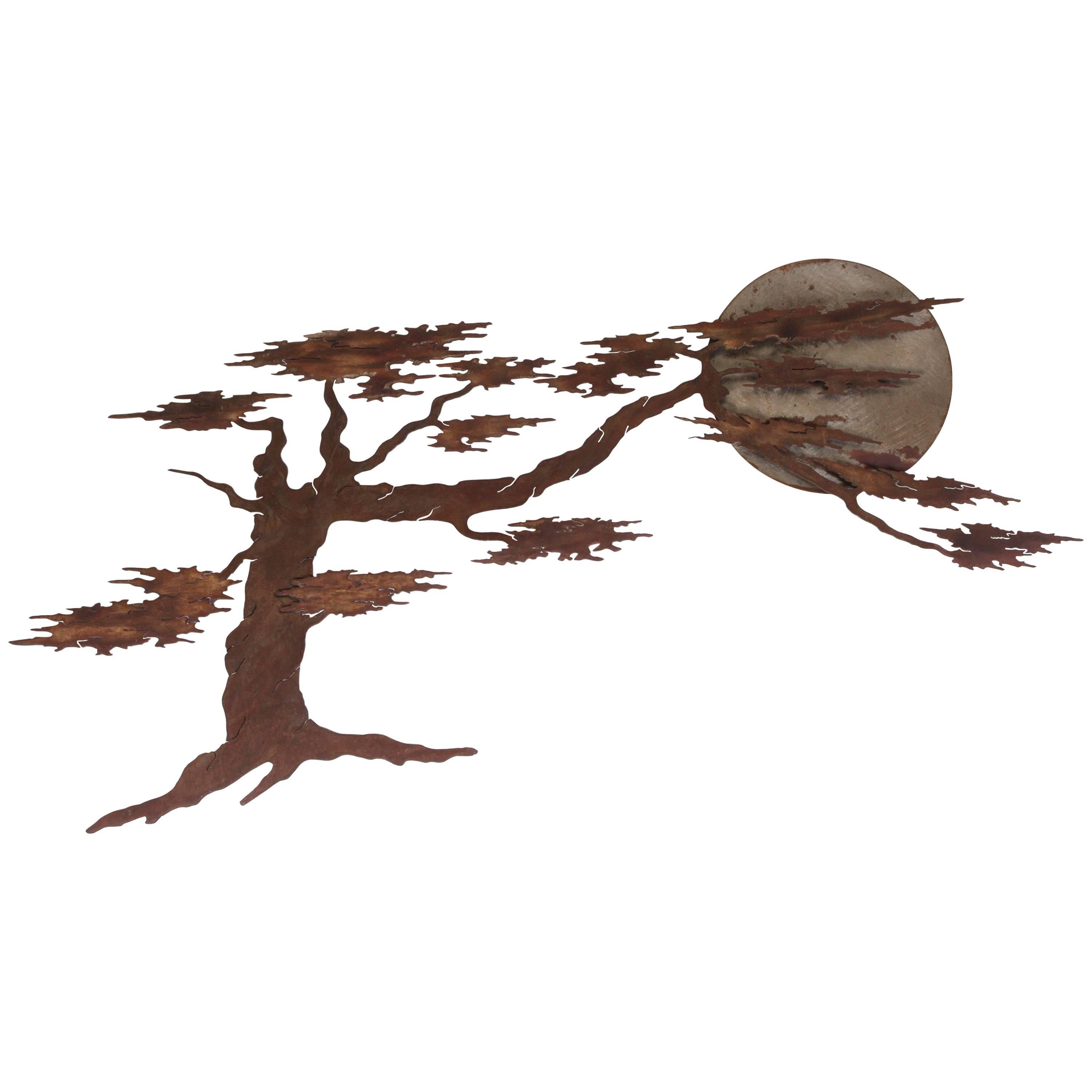 Vintage Iron Wall Sculpture of Tree and Moon