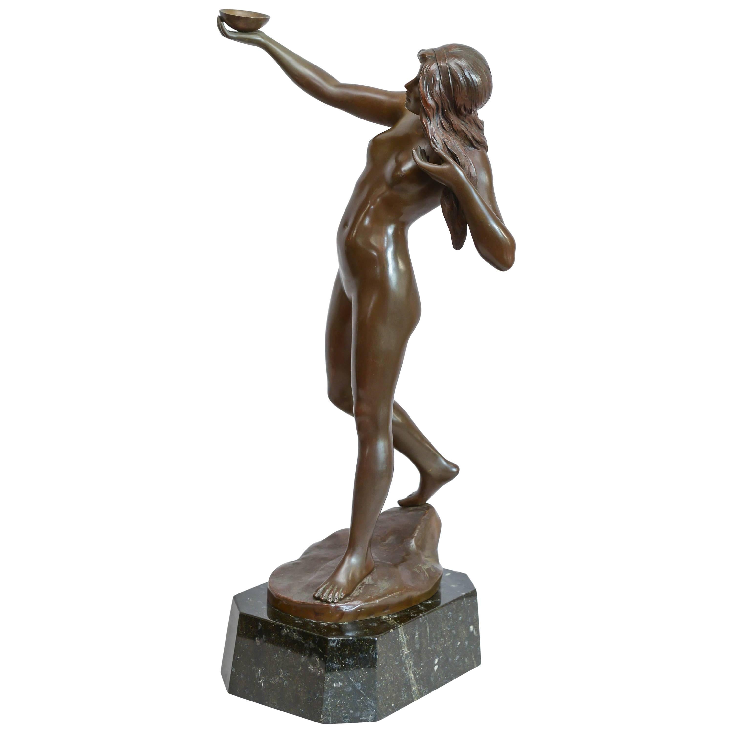 Bronze Sculpture of a Beautiful Nude Girl on a Marble Base