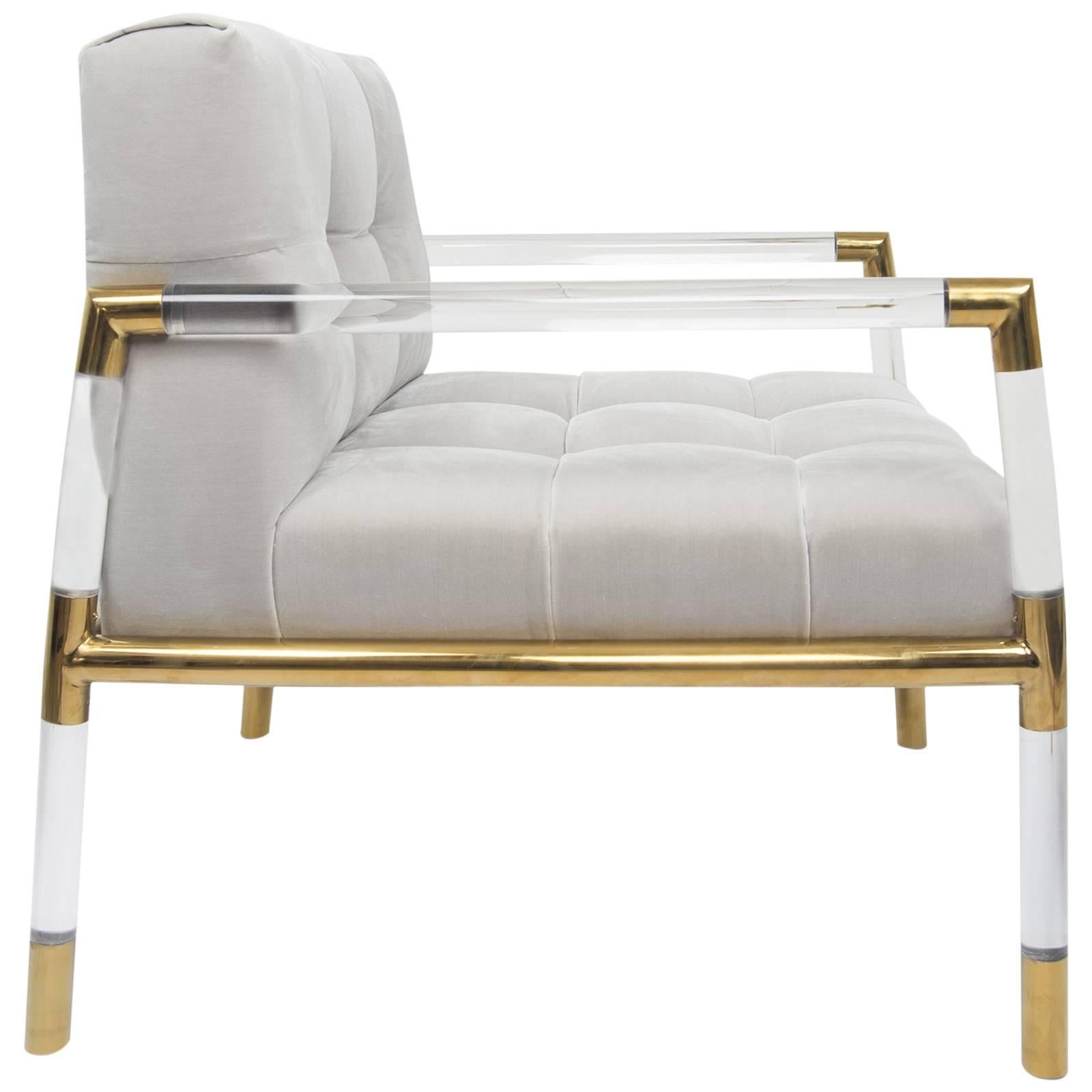 Mid-Century Modern Button Tufted Chair with Brass and Lucite Frame