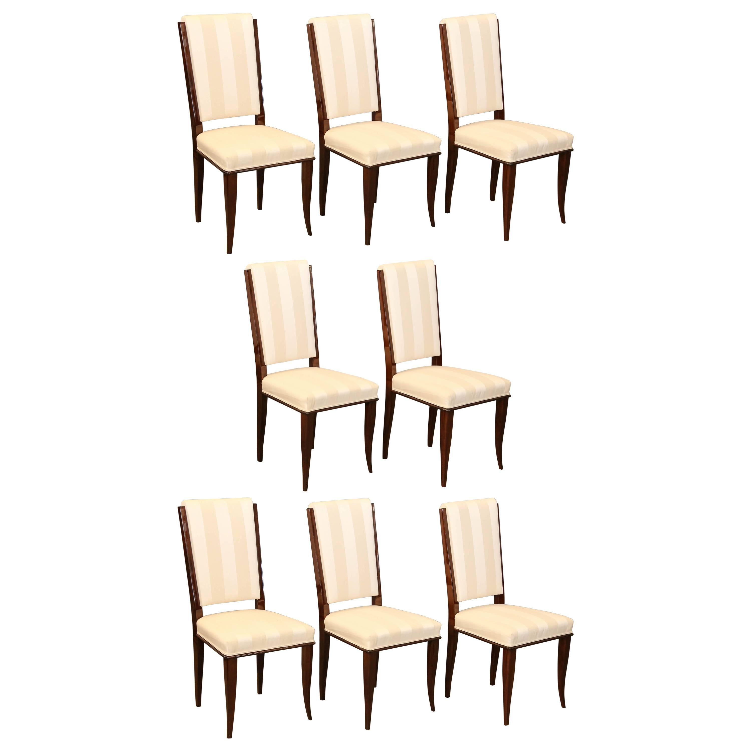 Set of Eight Art Deco French Dinning Chairs in Walnut