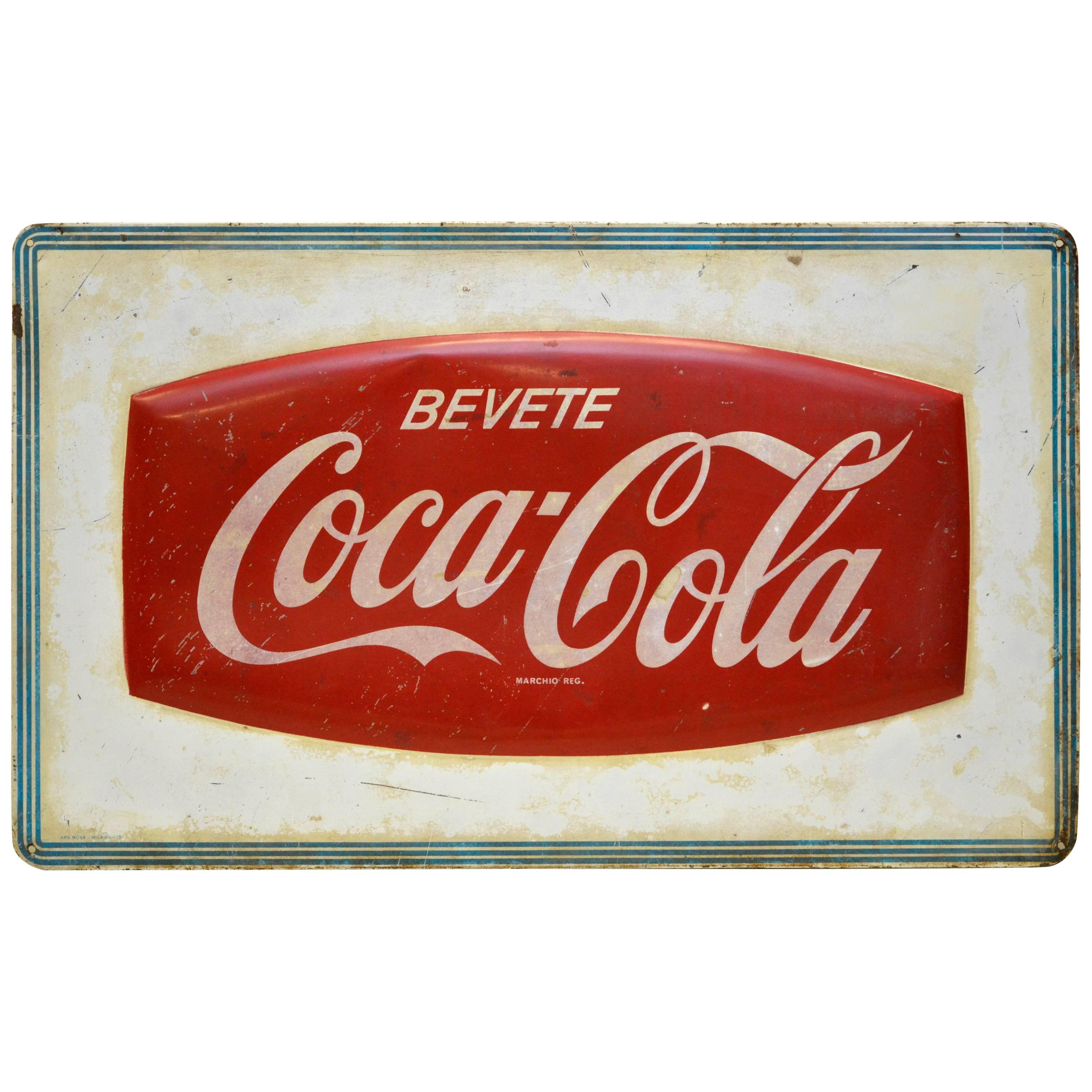 1950s Red and White Vintage Italian Metal Screen Printed Coca-Cola Sign For Sale