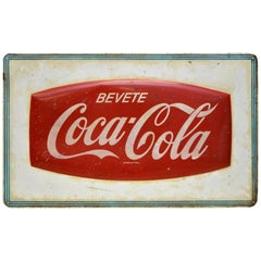 1950s Red and White Vintage Italian Metal Screen Printed Coca-Cola Sign