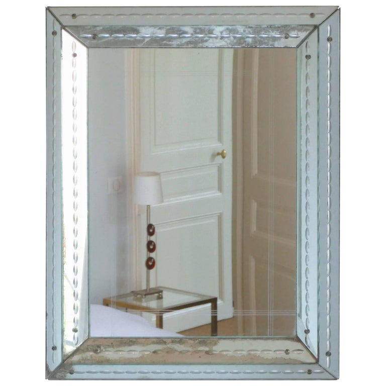 60" 1940s Era Art Deco Scalloped Edge Mirror Framed Mirror For Sale at
