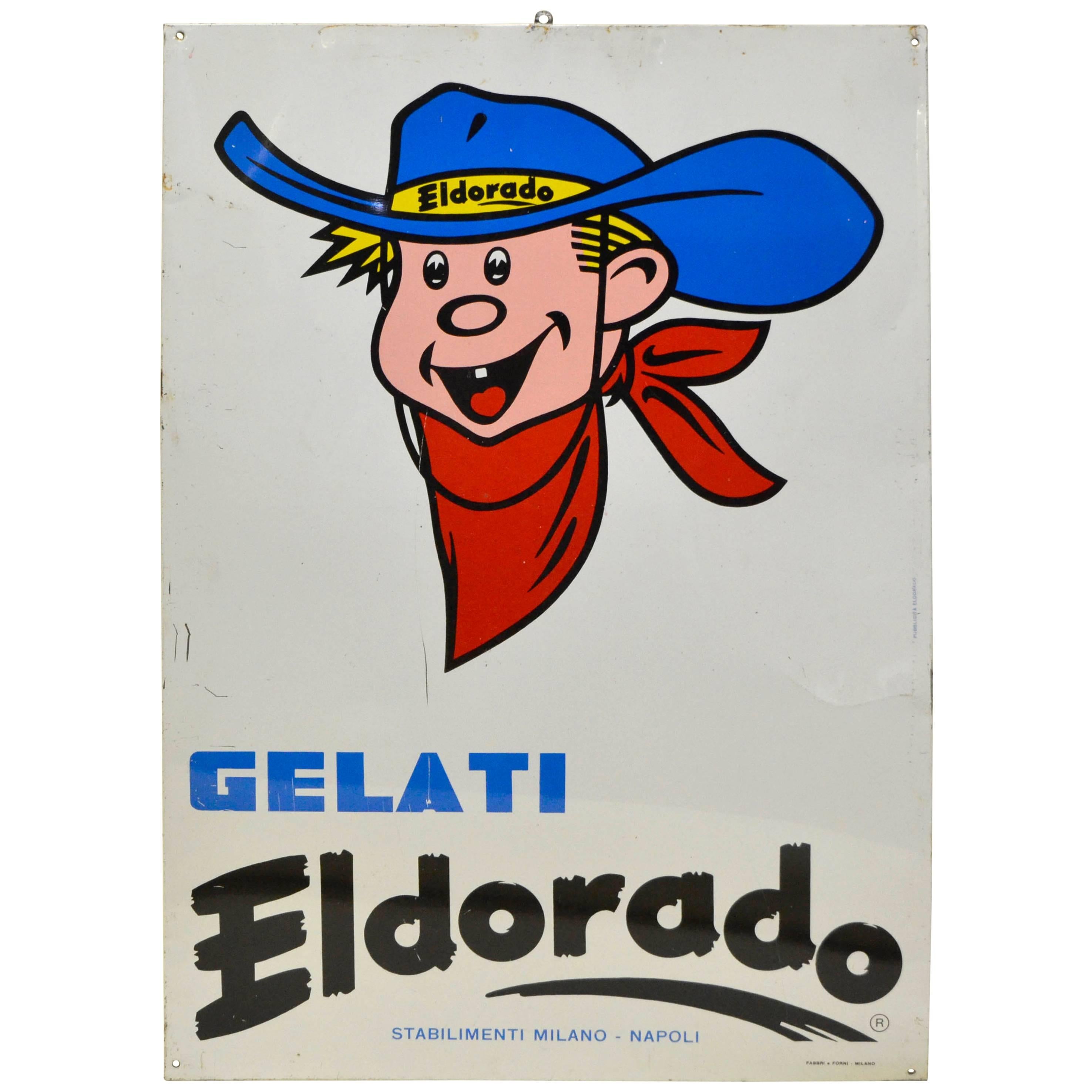 1970s Vintage Italian Metal Screen Printed Ice-Cream Gelati Eldorado Sign For Sale