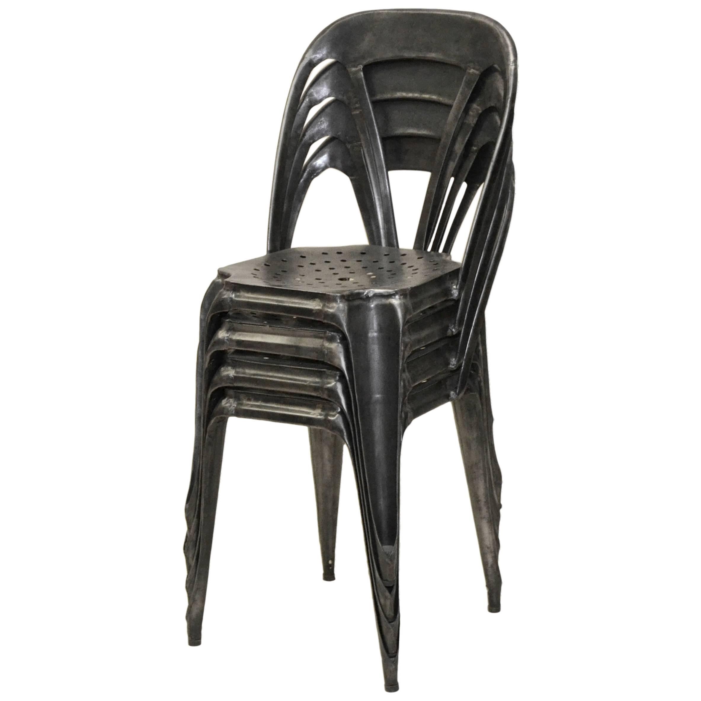 1930s Set of Four Vintage Stripped Metal French Multiples Bistro Stacking Chairs For Sale